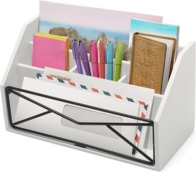 Prosumer's Choice Bamboo Desk Organizer White Powder-Coated Natural Bamboo Mail Organizer for Countertop - Wooden Desktop Organizer for Mail, Files, Letters, and Tabletop Storage