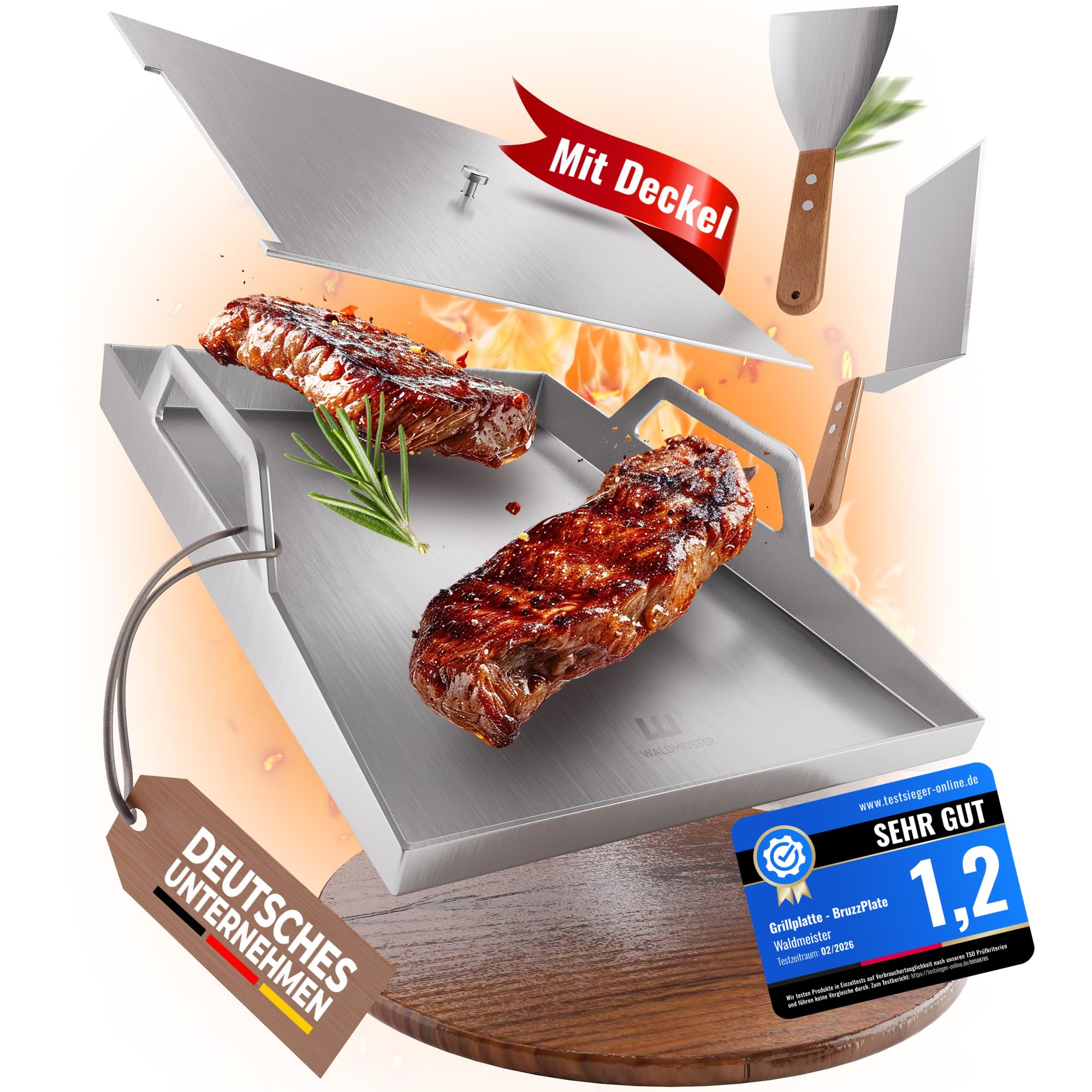 WALDMEISTER Plancha Grillplatte Edelstahl 40x30cm mit Griffen Deckel 2 Grillspachteln Gasgrill Grillzubehör