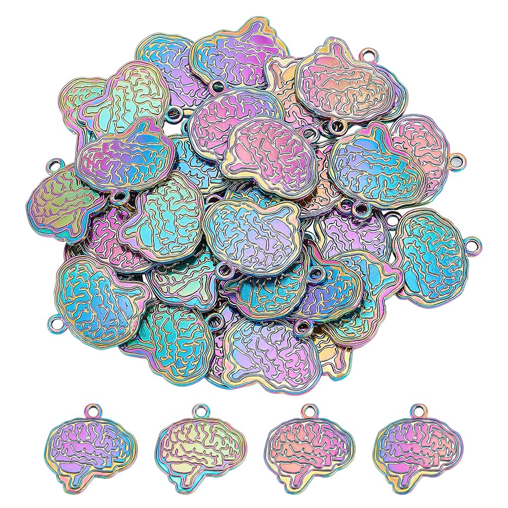 40Pcs Brain Charms Bulk 3D Brain Shape Pendant Anatomical Human Anatomy Pendant Rainbow Color Alloy Charm Dangle Charms Supplies for Halloween Biology Medical Student Gift Jewelry Making
