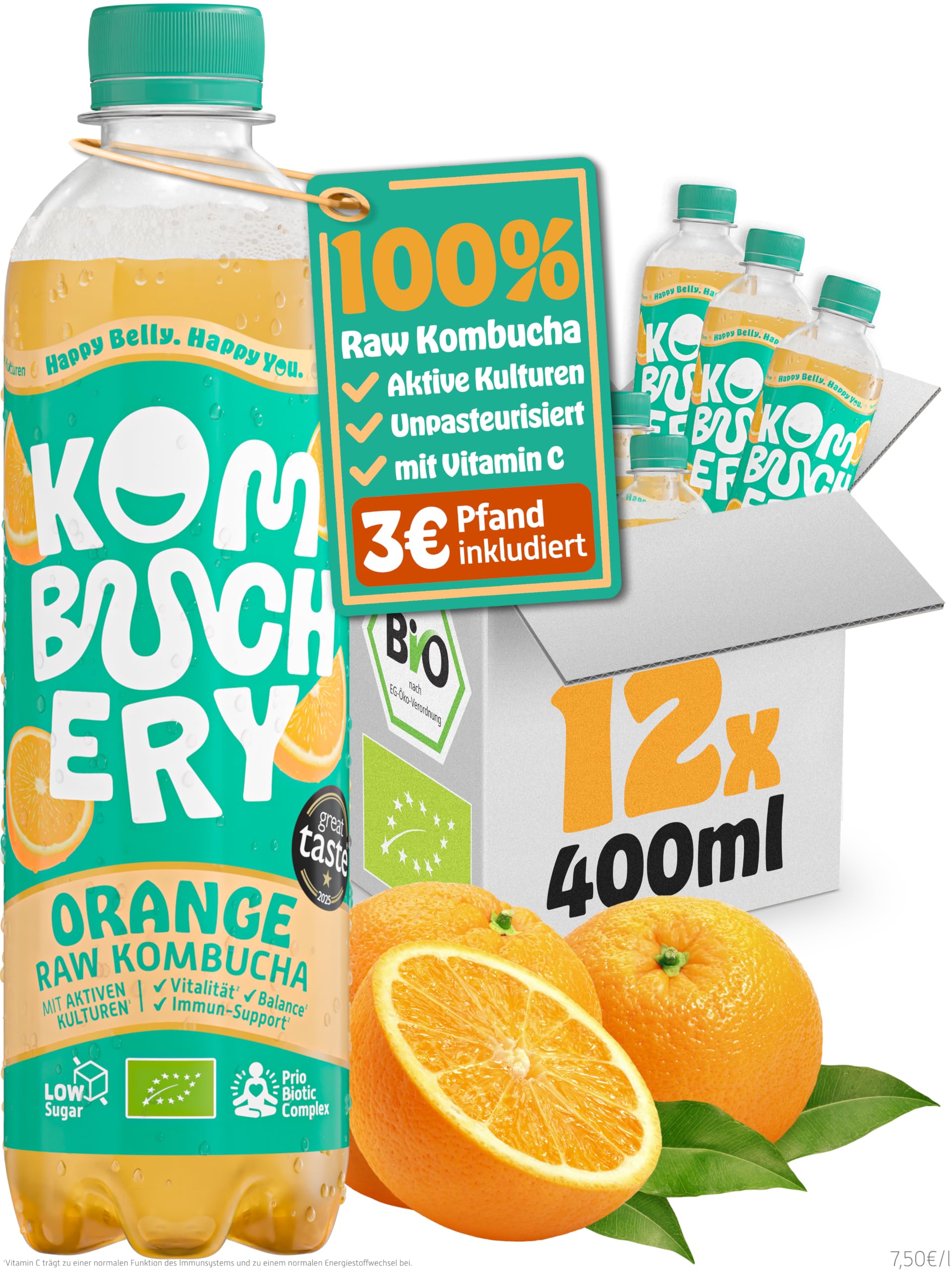 KOMBUCHERY® Orange Raw Kombucha BIO | 12 x 400ml | Fermentierter Tee mit aktiven Darm-Kulturen | Zuckerarm & Kalorienarm | Unpasteurisiert, PrioBiotic, Vegan, Testsieger | inkl. 3€ PFAND