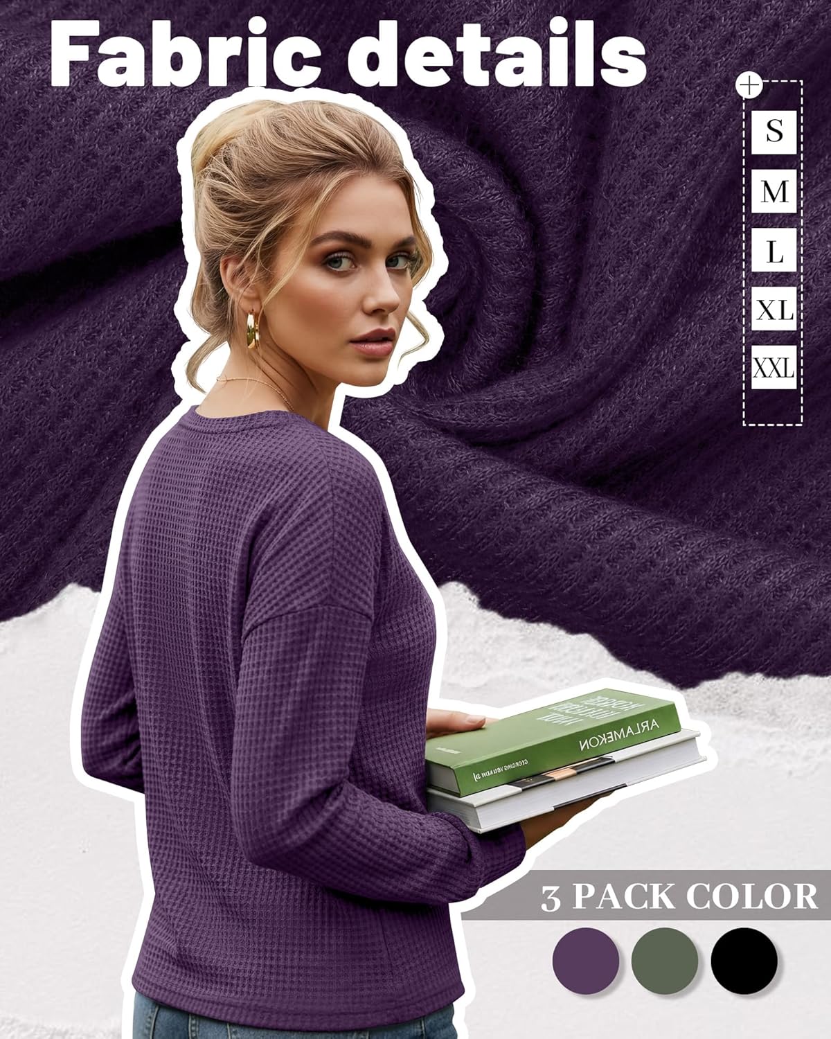 3 Pack Women's Waffle Knit Long Sleeve Shirts, Crew Neck Slim Fit Thermal Tops Casual Stretch Basic Pullover - Image 2