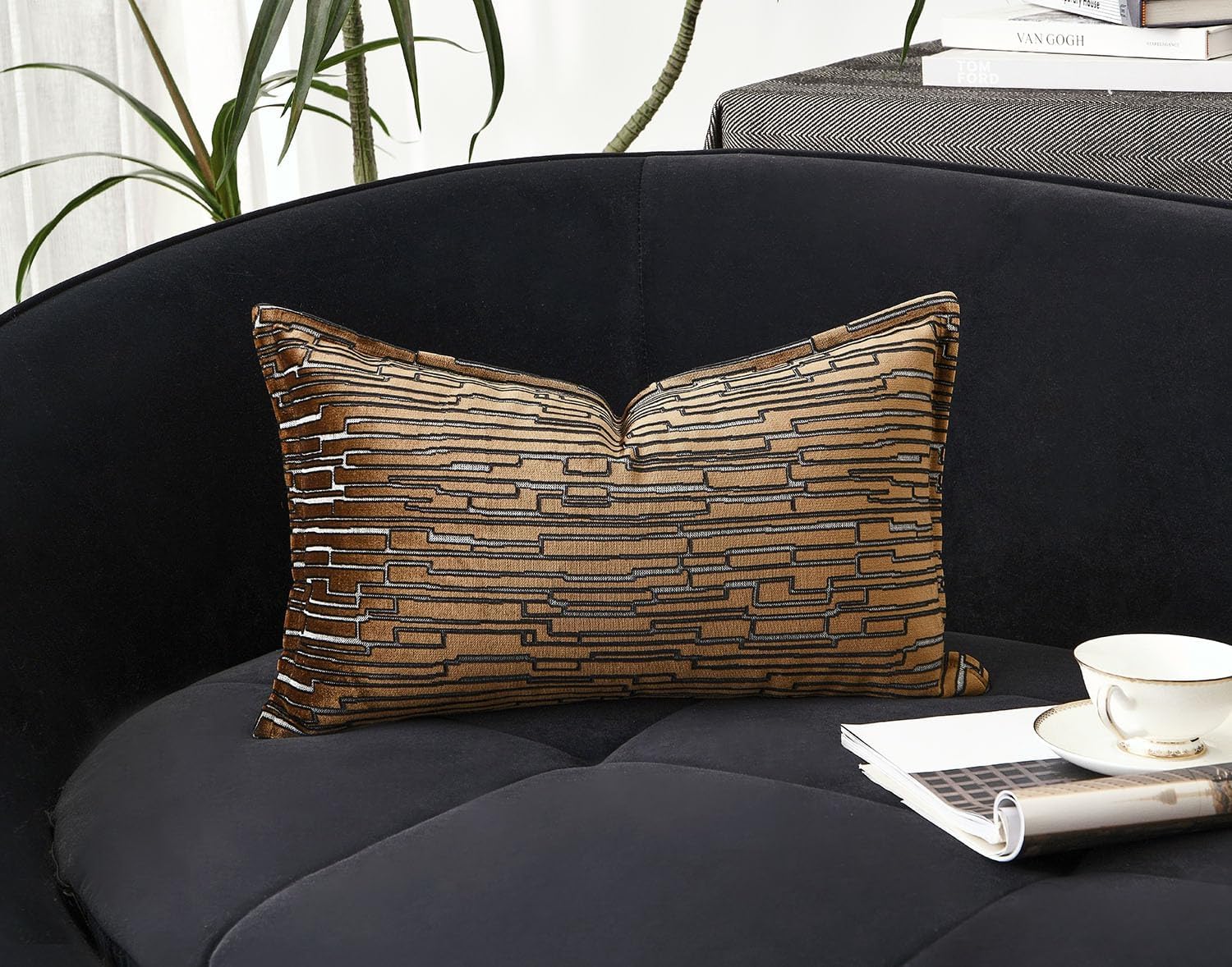 Brown Velvet Pillow Cover 12x20, Abstract Stripe Pattern Cushion Case, Soft Decorative Throw Pillow Covers with Hidden Zipper for Sofa, Living Room, Bedroom – No Shedding, No Fading