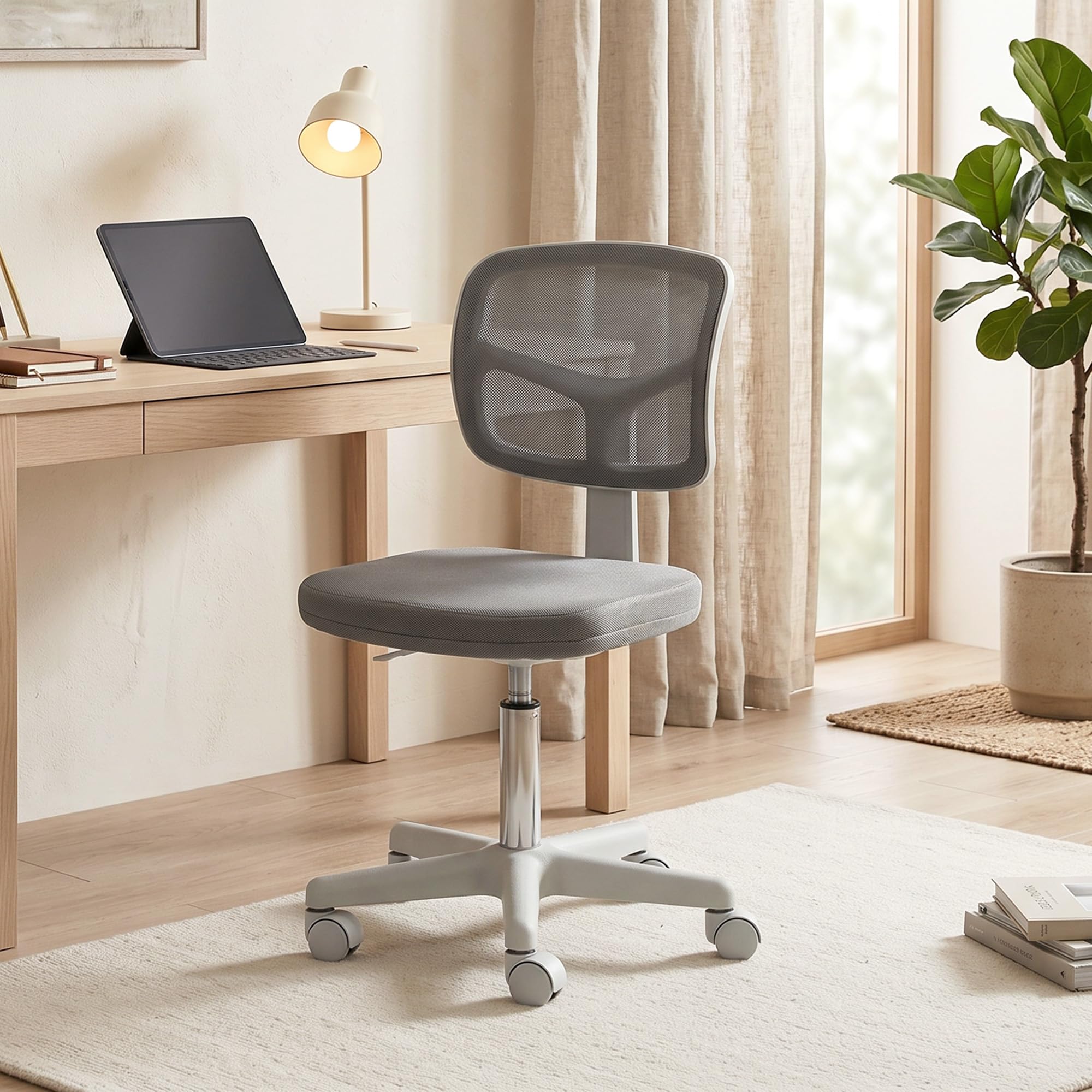Vinsetto Ergonomischer Bürostuhl ohne Armlehnen, drehbar, Grau | Bürostuhl, gebogene Rückenlehne aus Netz, Rollen, höhenverstellbar, für Schminktisch, Schlafzimmer