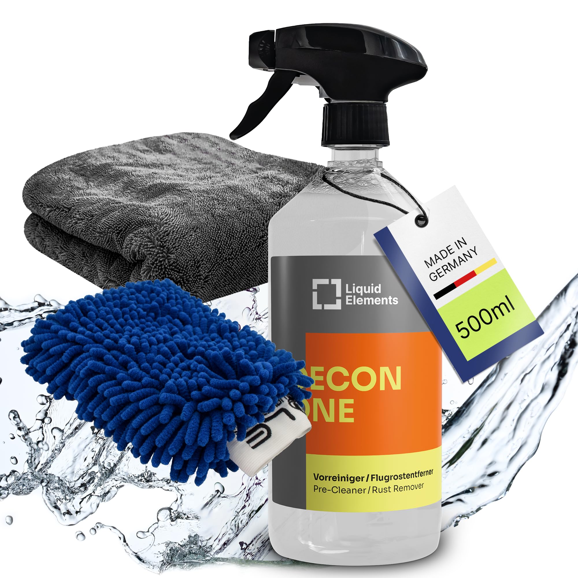 Liquid Elements Decon One Set 3-tlg., 1L + Waschhandschuh & Tuch, Teer | Flugrostentferner Auto, Vorreiniger, materialschonend & pH-neutral, entfernt Öl, Flugrost & Schlamm