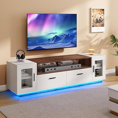 YITAHOME TV Stands for Living Room, LED TV Stand for 65/70 inch TV, Modern Entertainment Center with Storage & Power Outlets, TV Console Cabinet, Brown & White