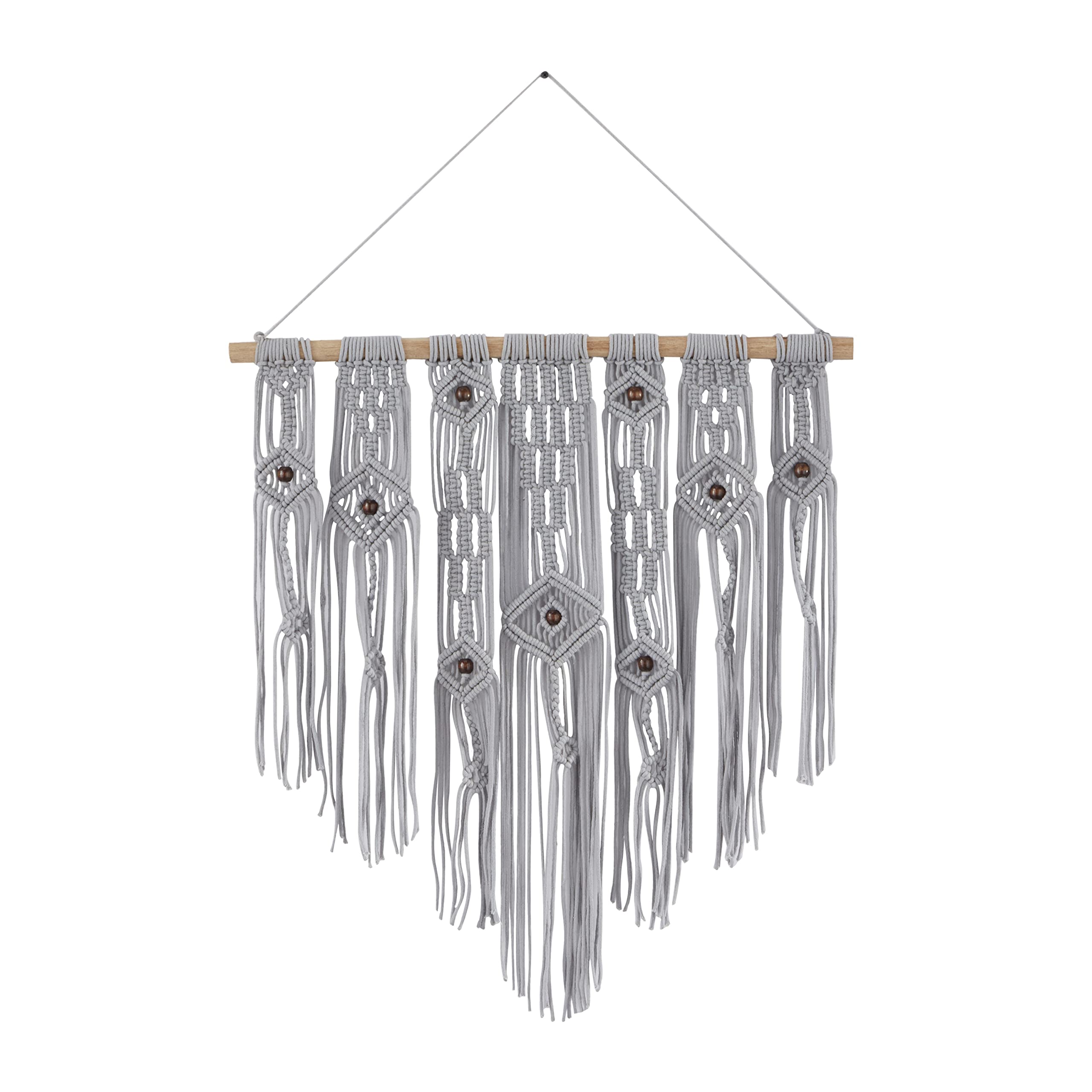 Deco 79 Algodón macramé intrincadamente tejido pared decoración colgante de pared con borlas de flecos de cuentas, 61 x 36 cm, gris