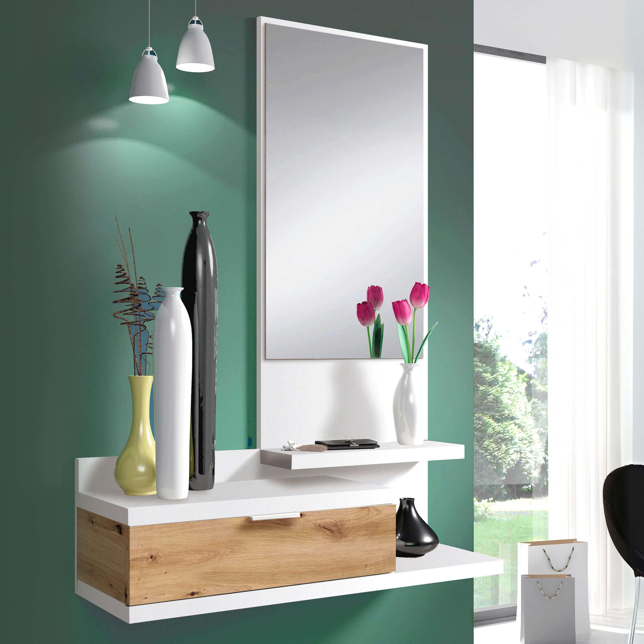 Habitdesign – Mueble Recibidor con Cajón, Espejo y 2 Baldas, Mueble de Entrada, Color Blanco Artik y Roble Nodi, 81x116x29 cm - Modelo Dahlia