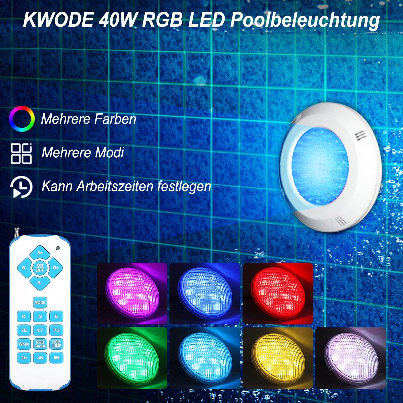 40W LED Poolbeleuchtung PAR56, RGB Poolscheinwerfer Timing 2/4/6H IP68 Wasserdichter Pool Lamp Unterwasser mit Fernbedienung, Unterwasserscheinwerfer 12V AC/DC