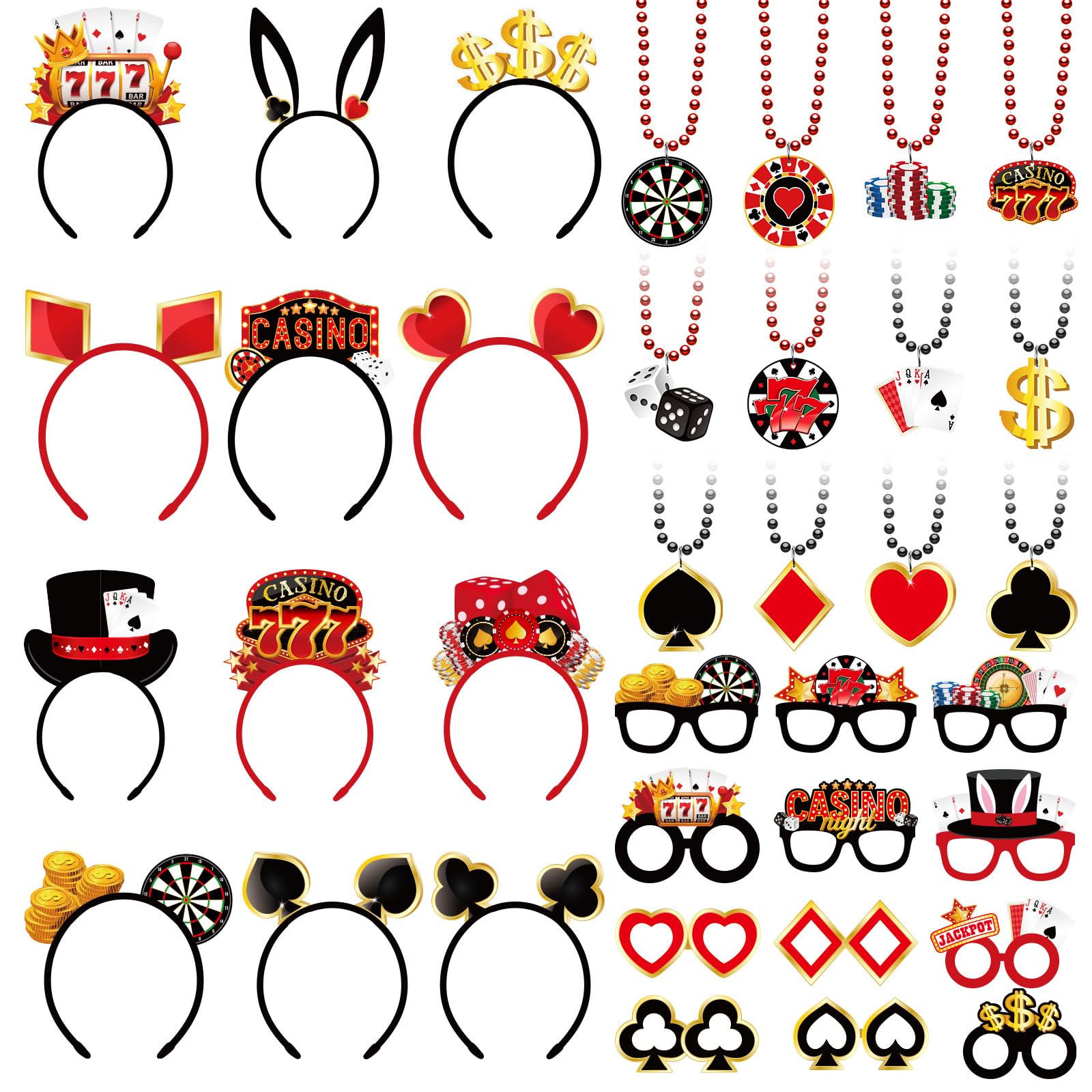 36 Pcs Casino Night Party Favors Felt Headband Eyeglasses Necklace