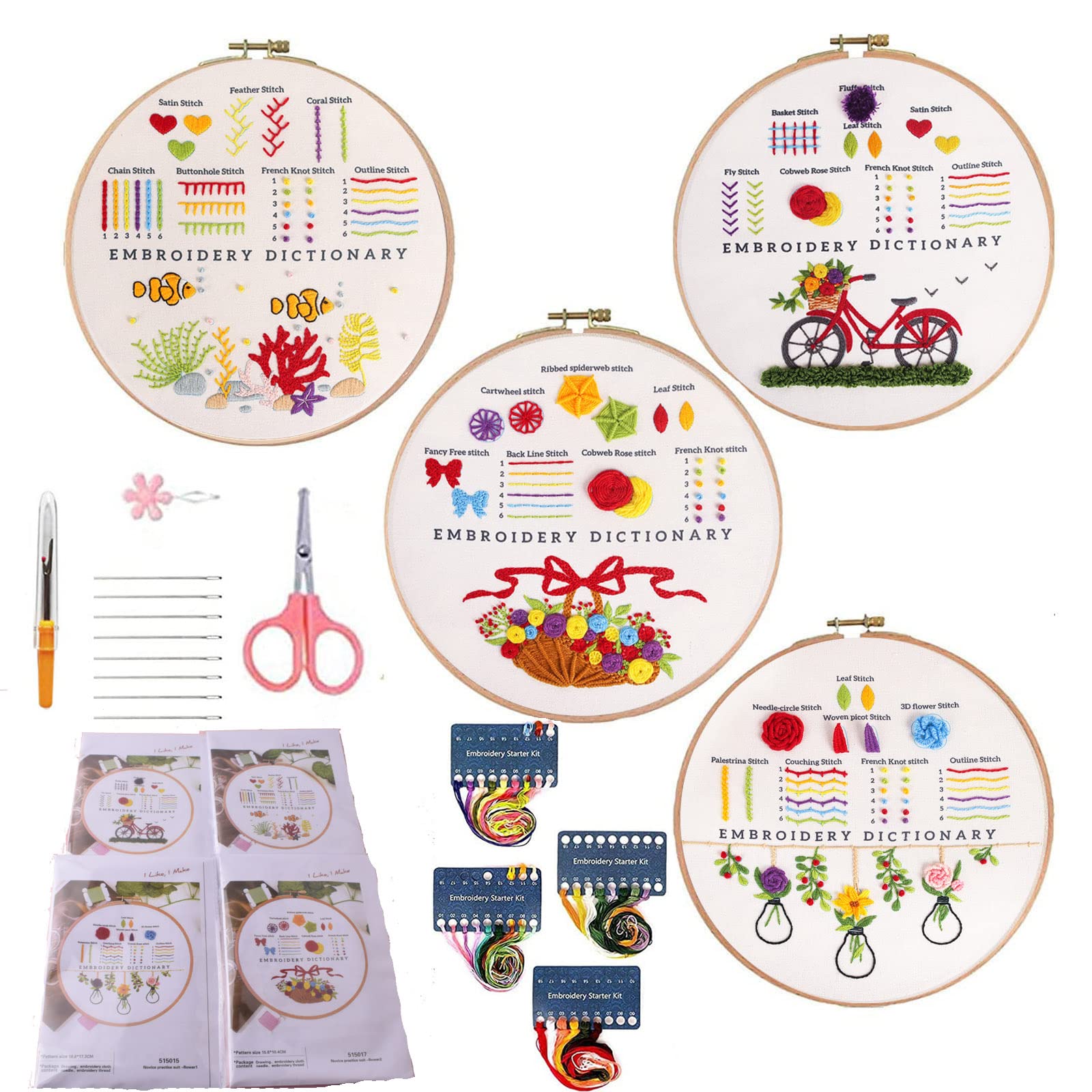 Beginners Embroidery Stitch Practice kit, 4 Sets Embroidery Kit for Craft Lover,Bicycle Embroidery Starter Kits with Patterns and Instructions,Embroidery Clothes,Bamboo Hoops, Threads and Needles