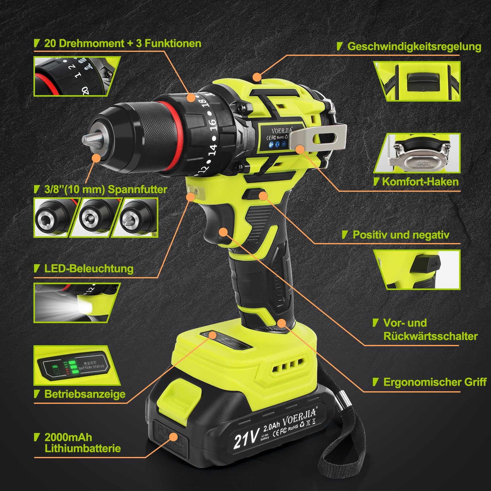 VOERJIA Set avvitatore a batteria, 21 V, trapano a batteria senza spazzole, 2 x 2000 mAh, mandrino 3/8", coppia 20 + 3, trapano max 65 N.m, luci LED e 2 marce, 46