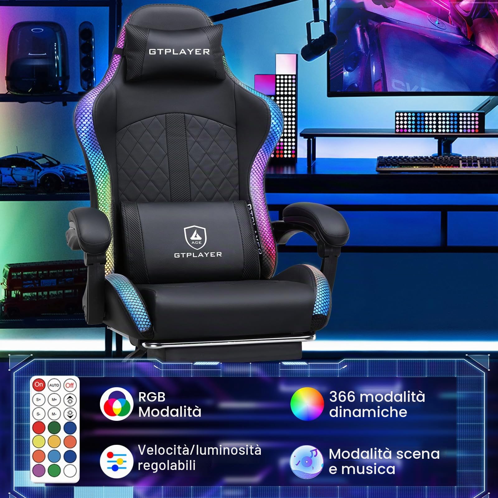 GTPLAYER Sedia da gioco, sedia da ufficio, sedia da gioco con altoparlante e barra luminosa, sedia da giocatore, schienale con custodia, sedia ergonomica PC con telecomando