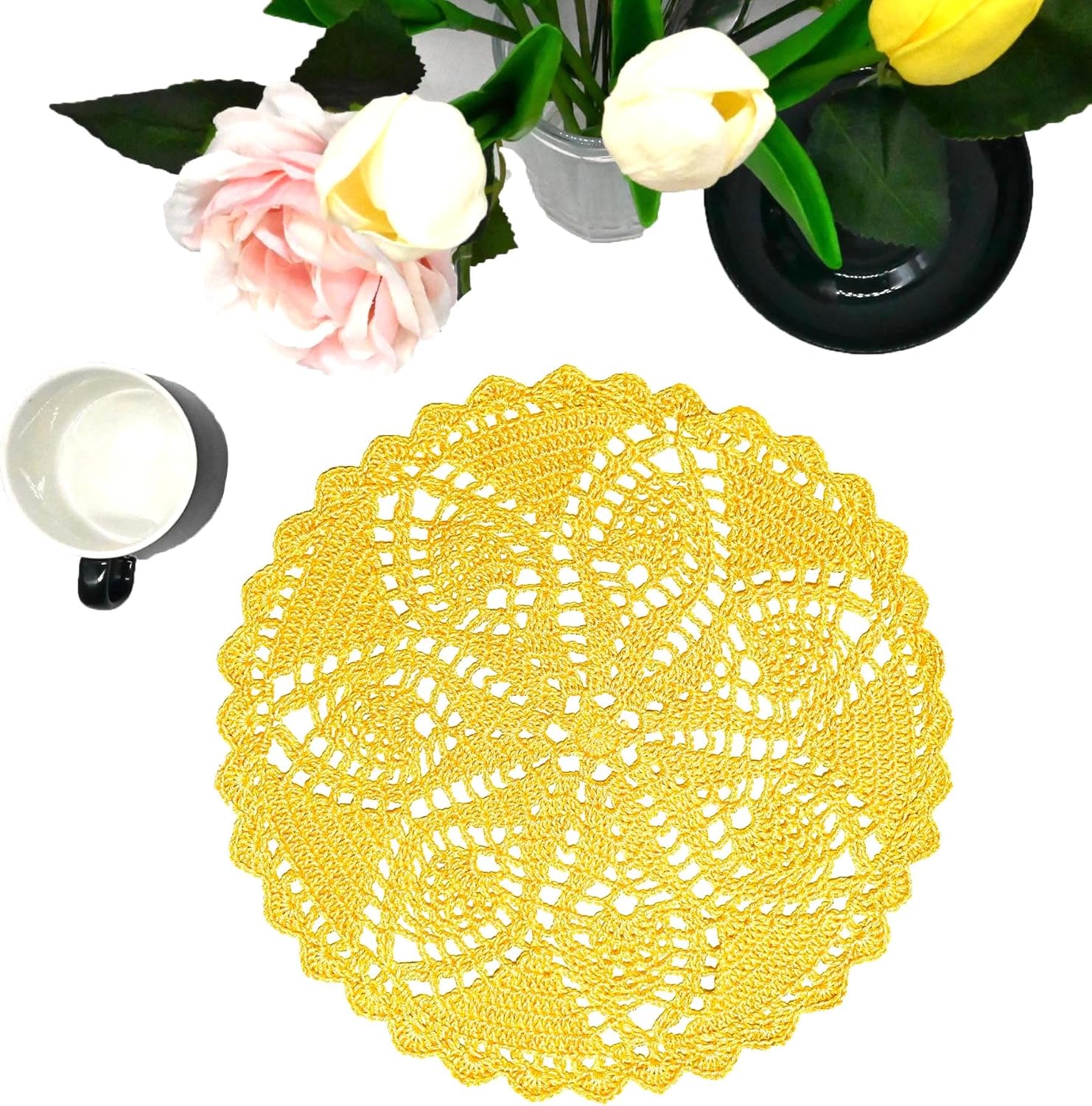 BIBITIME Easter Mother's Day Pineapple Flower Lace Doilies Handmade Crochet Placemats Table Coasters Vintage Wedding Party Decor (Beige, 11 to 12 inches-6PCS)