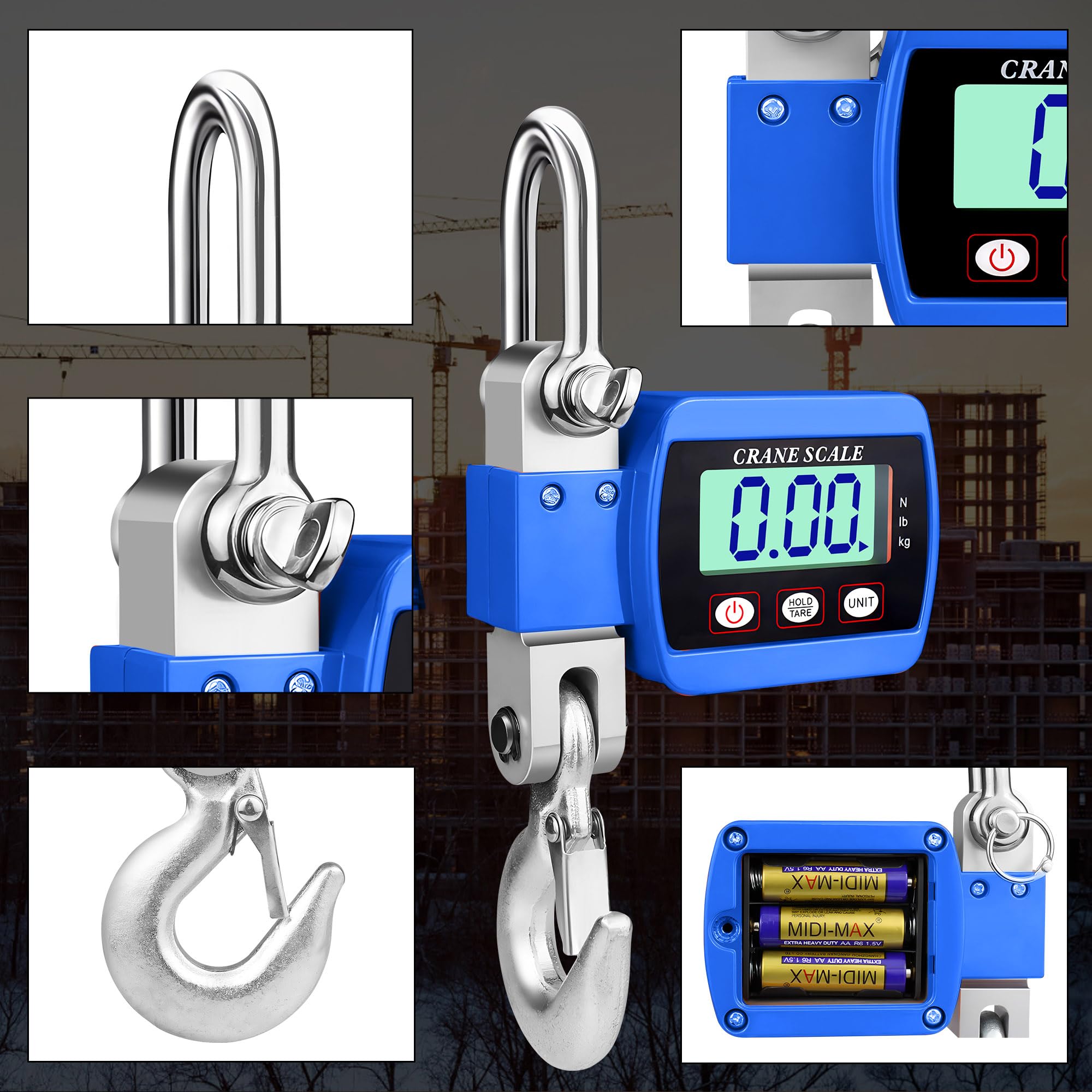 Báscula de grúa 500 kg, báscula colgante digital, báscula electrónica industrial, báscula colgante portátil, LCD, con gancho, azul