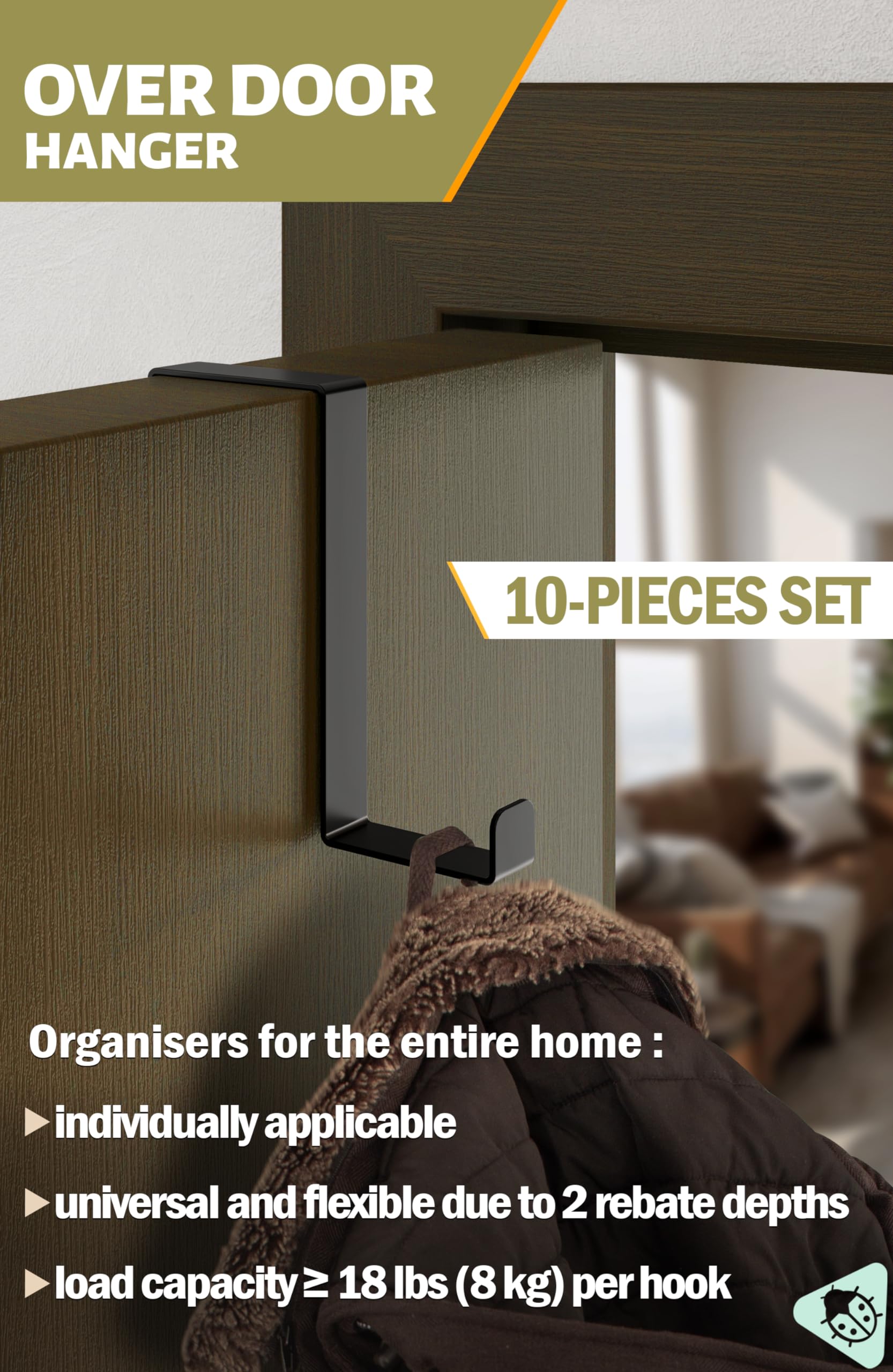 Menz Over Door Hanger, 10 pcs. in Black, Holds 8KG, Coat Hooks 3.6 cm (1.4") + 4.6 cm (1.8") - Image 2