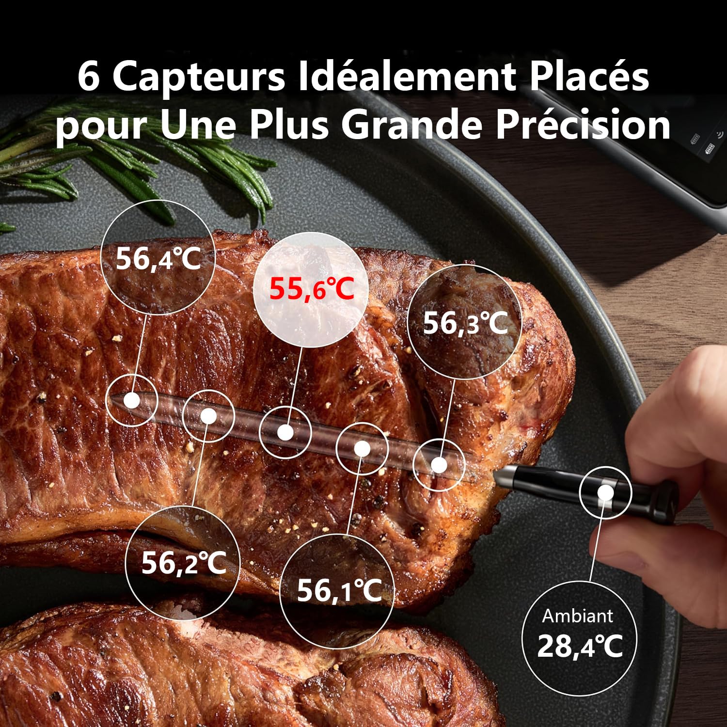 Typhur Thermomètre à Viande Intelligent Sans Fil -2 Sondes 12 Capteurs, 122m Bluetooth 5.4 Haute Stabilité, Surveillance WiFi Illimitée, IP67 Etanche Thermomètre Cuisine Cuison pour Gril Four Barbecue