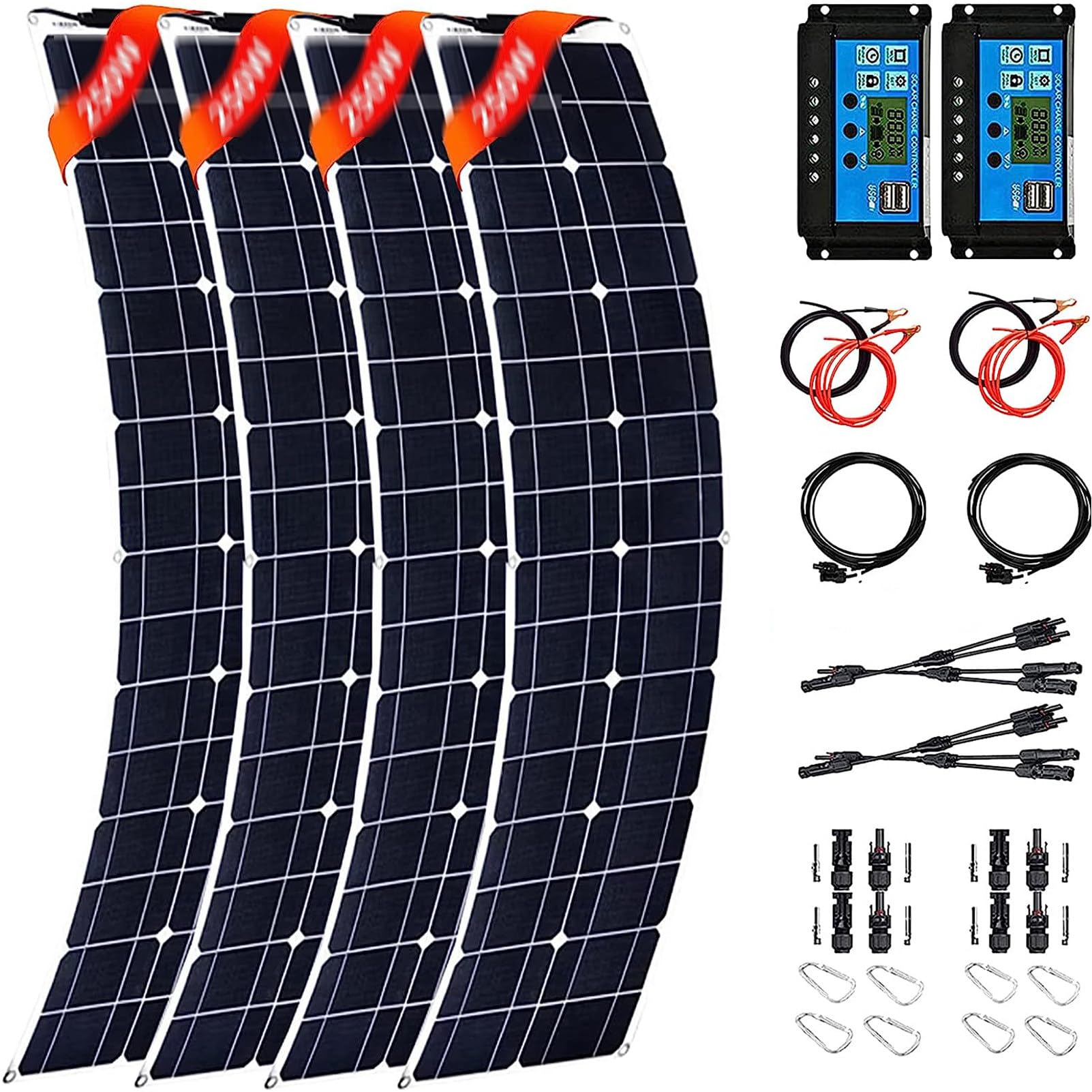 Kit Pannello Solare, Kit Caricabatterie 4 X 200 W 18 V, Modulo Fotovoltaico Monocristallino Pannello Solare Flessibile da 800 W + Connettore Controller 40 A, per Roulotte, Barche,