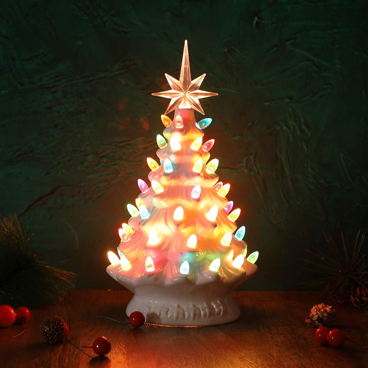 Blissun 10" Ceramic Christmas Tree, Tabletop Christmas Tree Lights Decorations with 54 Multicolored Lights and 7 Point Star Topper for Christmas Table Decorations, White