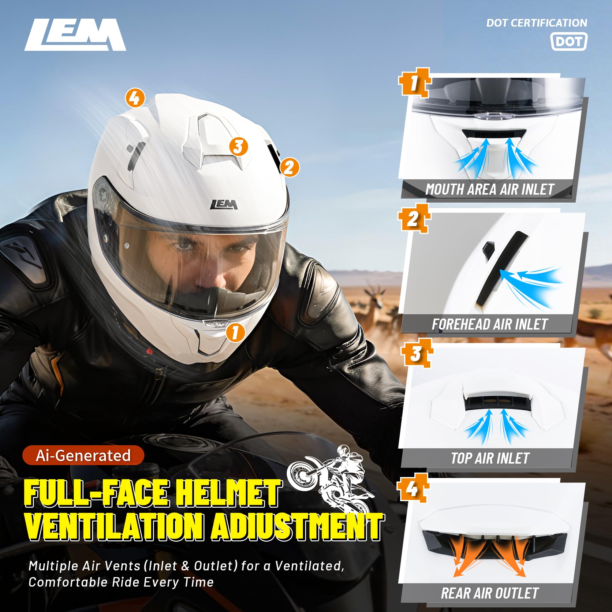 LEM Motorcycle Helmets Full Face for Men, Motorcycle Helmet for Adults, DOT Certified, PINLOCK & DVS Dual Vision, Motorcycle Street Bike Helmet, Bluetooth Speaker Pockets (White Medium) VZN FP09 : Automotive