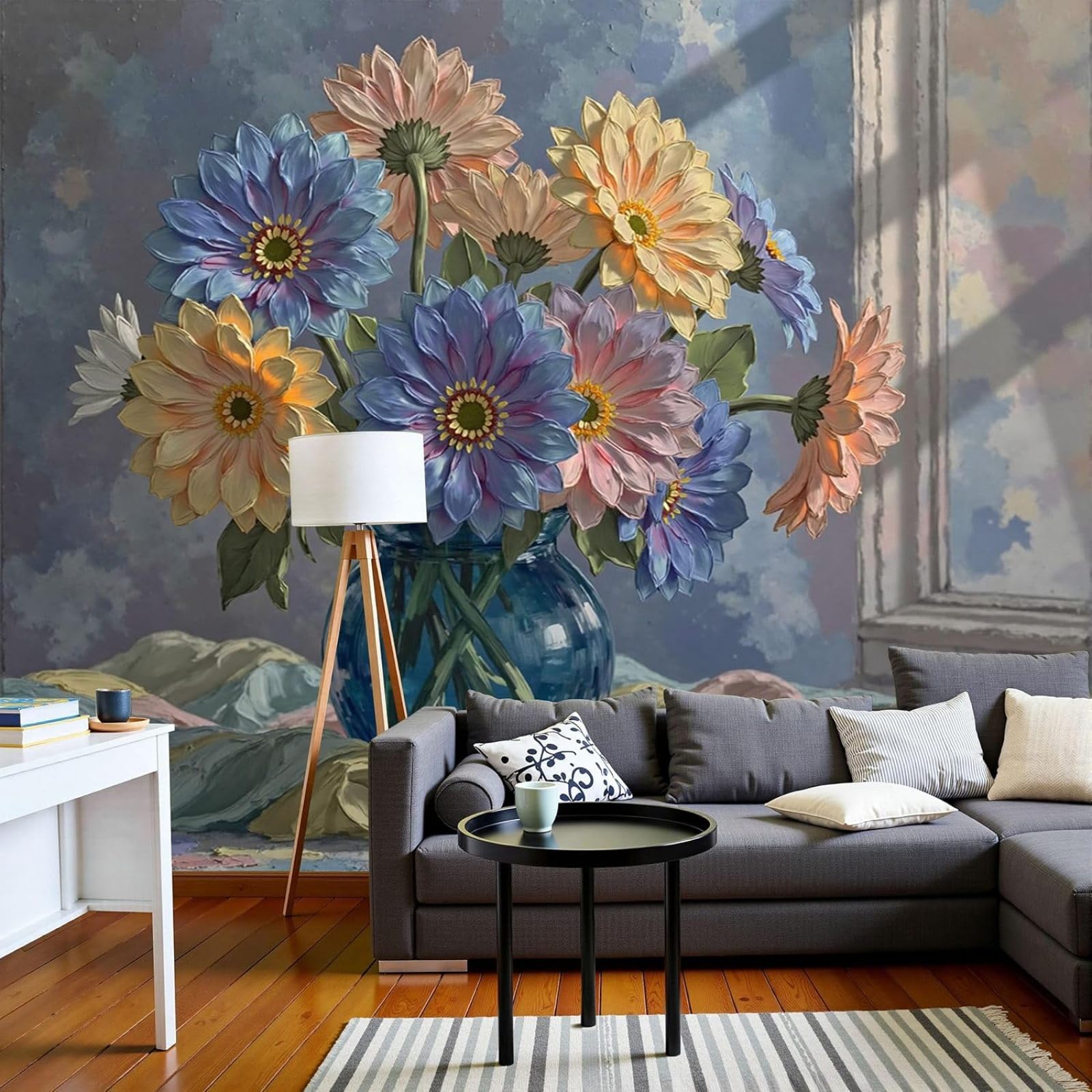hgjdjhnf Photo Wallpaper Vase - Retro Floral Wall Decor Modern Wall Blue Non-Woven for Living Room Bedroom Children's Room Wall Decor, 350cm x 256cm Stickers - Frameless Painting - Poster