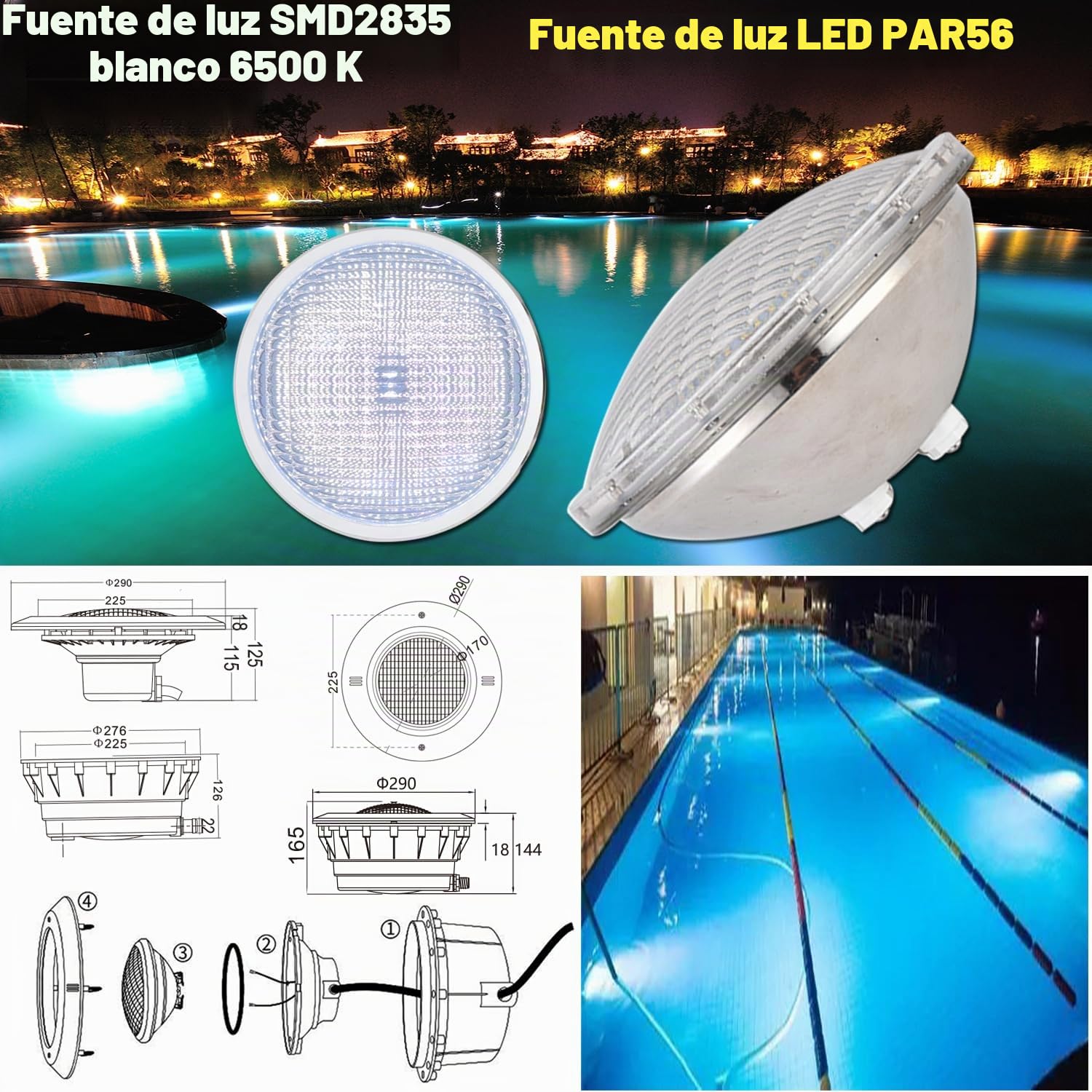 BARCELONA LED Lâmpada LED para piscina submersa PAR56 24W 12V AC, luz branca potente, IP68 à prova d'água, eficiente, segura e durável para piscinas e fontes