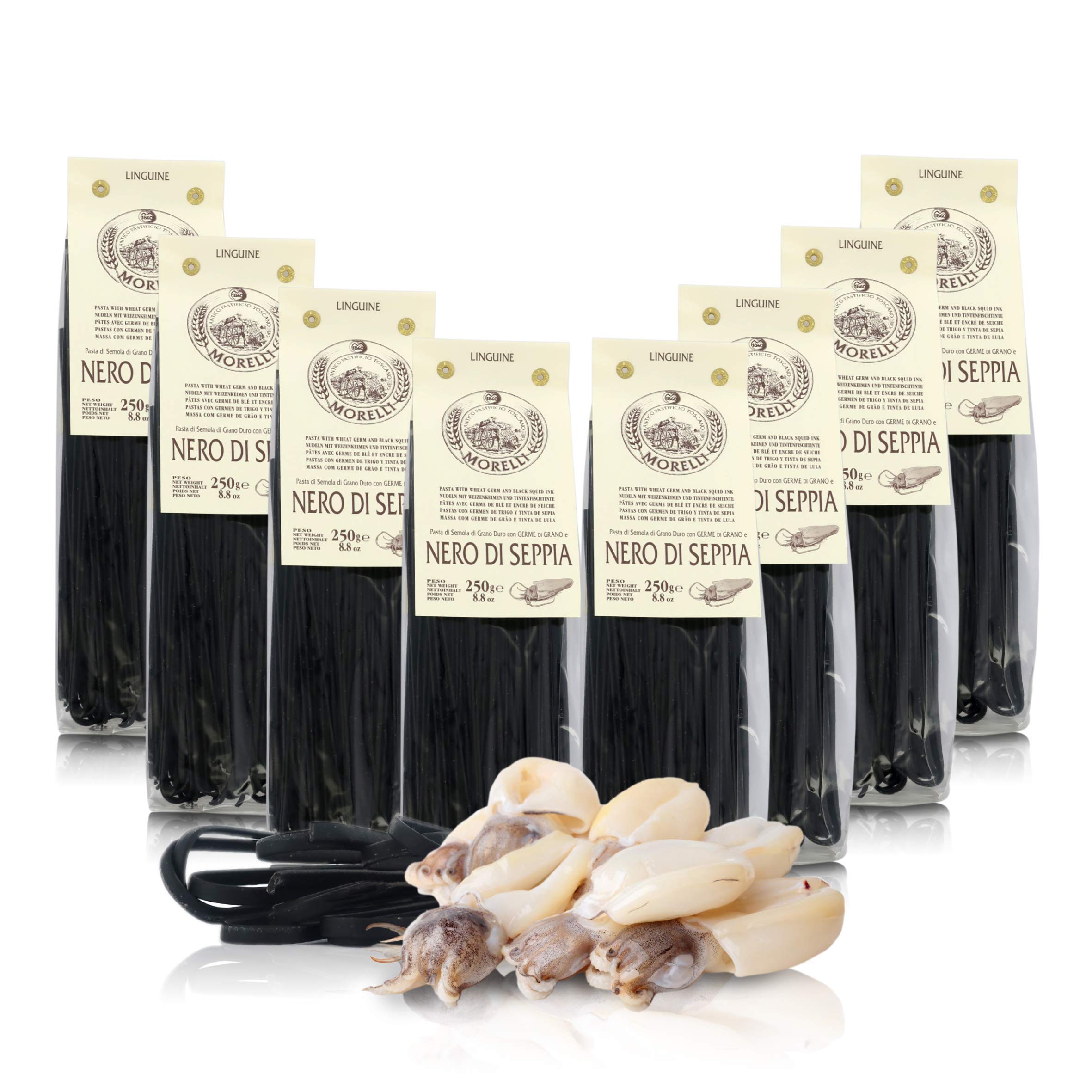 Antico Pastificio Morelli 1860 Srl Linguine al Nero di Seppia, Pasta aromatizzata, 8 Confezioni da 250 Grammi