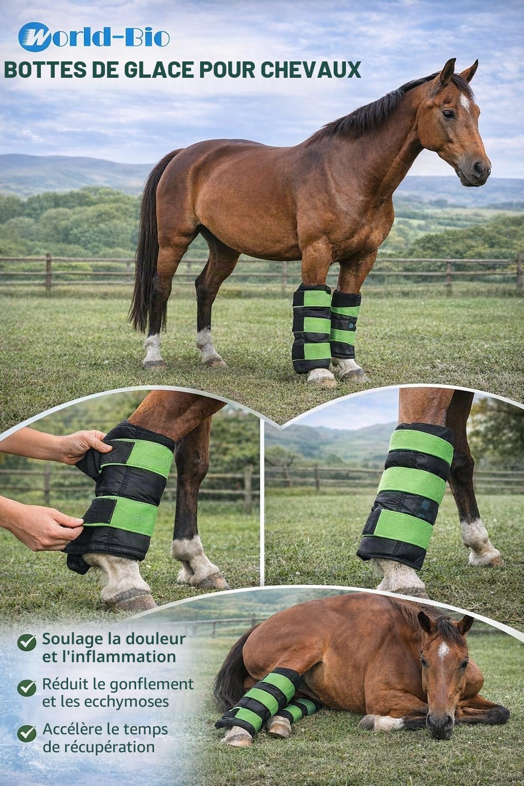 2 packs de glace pour les jambes de cheval pour les blessures du cheval, choix professionnel de thérapie par le froid pour la jambe complète du cheval, bandages debout 16.9'' x 16.1'', noir et vert