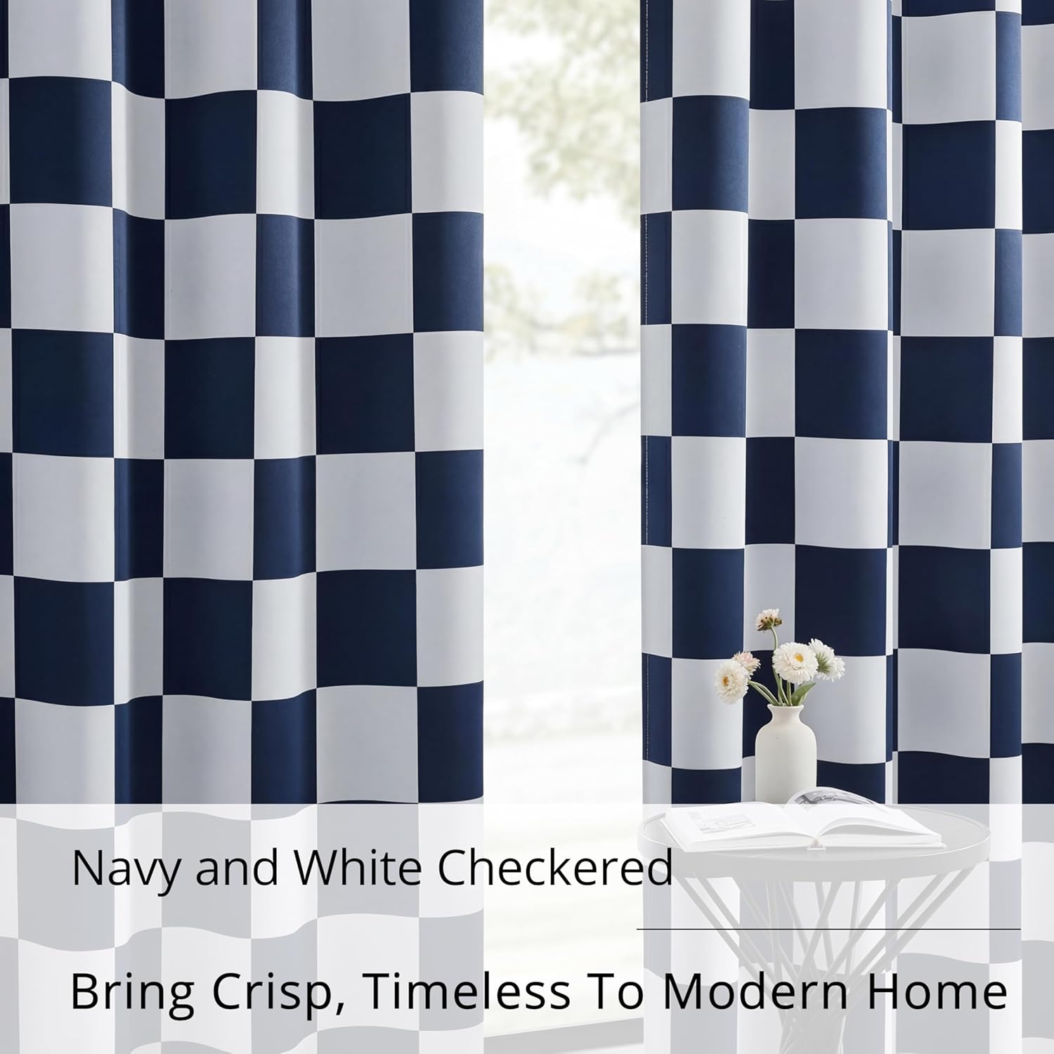100% Blackout Checkered Curtains – 2 Panels, Each W52×L84, Thermal Insulated, Nosie Reducing for Bedroom, Navy and White Checkerboard Design