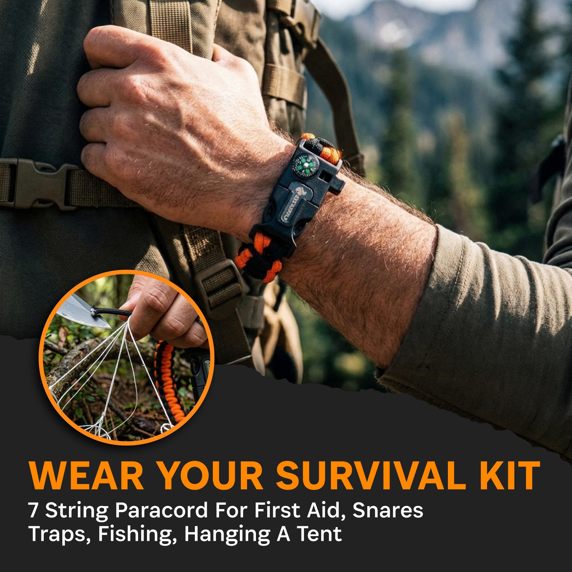 Paracord-Armband – verstellbar – Kompass – Feuerstarter – laute Pfeife – perfekt für Camping, Wandern, Angeln, Jagd, Überlebenstraining und Geschenke, 2er-Pack