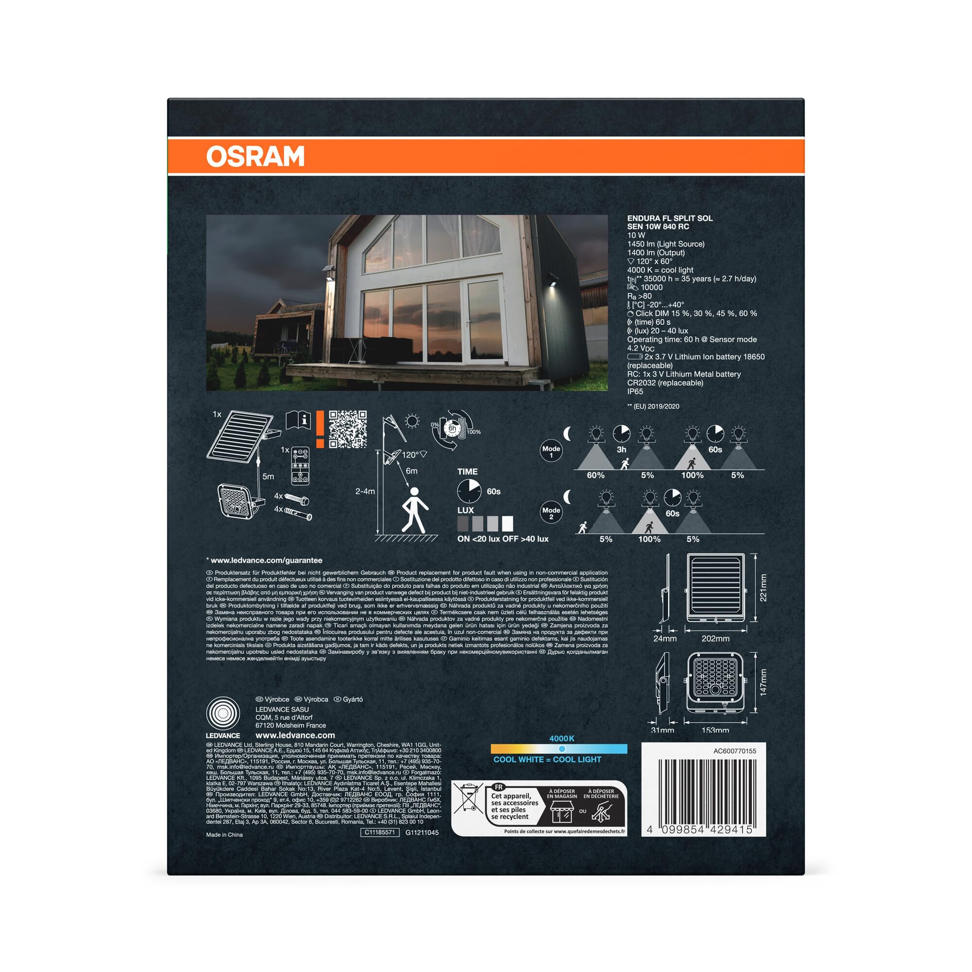 OSRAM LED-Solar-Außenleuchte Endura Outdoor schwarz mit Flutlicht und Solar-Panel, 5 m langes Kabel, mit Fernbedienung und PIR-Bewegungsmelder, 10 W, 1400 lm, 840, 4000 K Lichtfarbe, EEK A