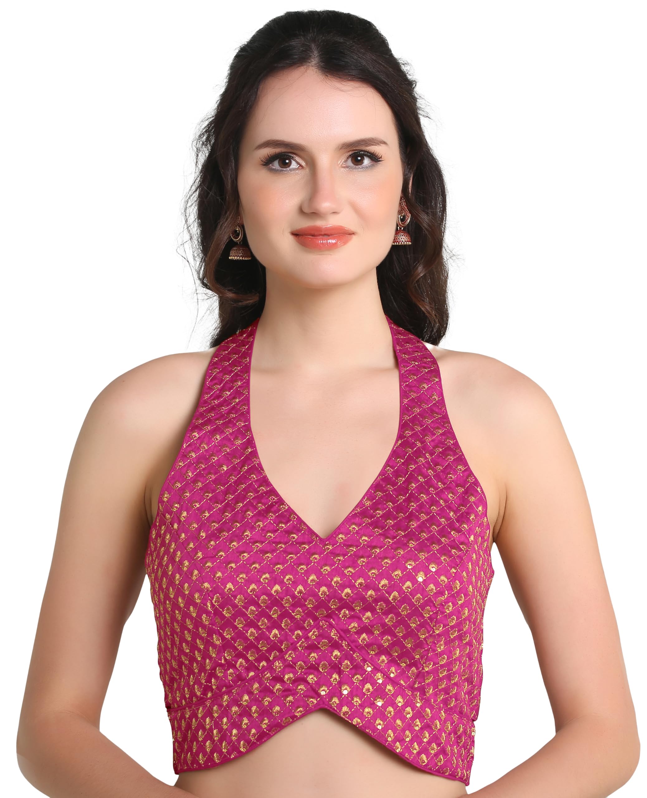 pujia mills Women's Embroidery Halter Neck Fancy Blouse for Skirt and Saree Simple top 100 Blouses-picture-45