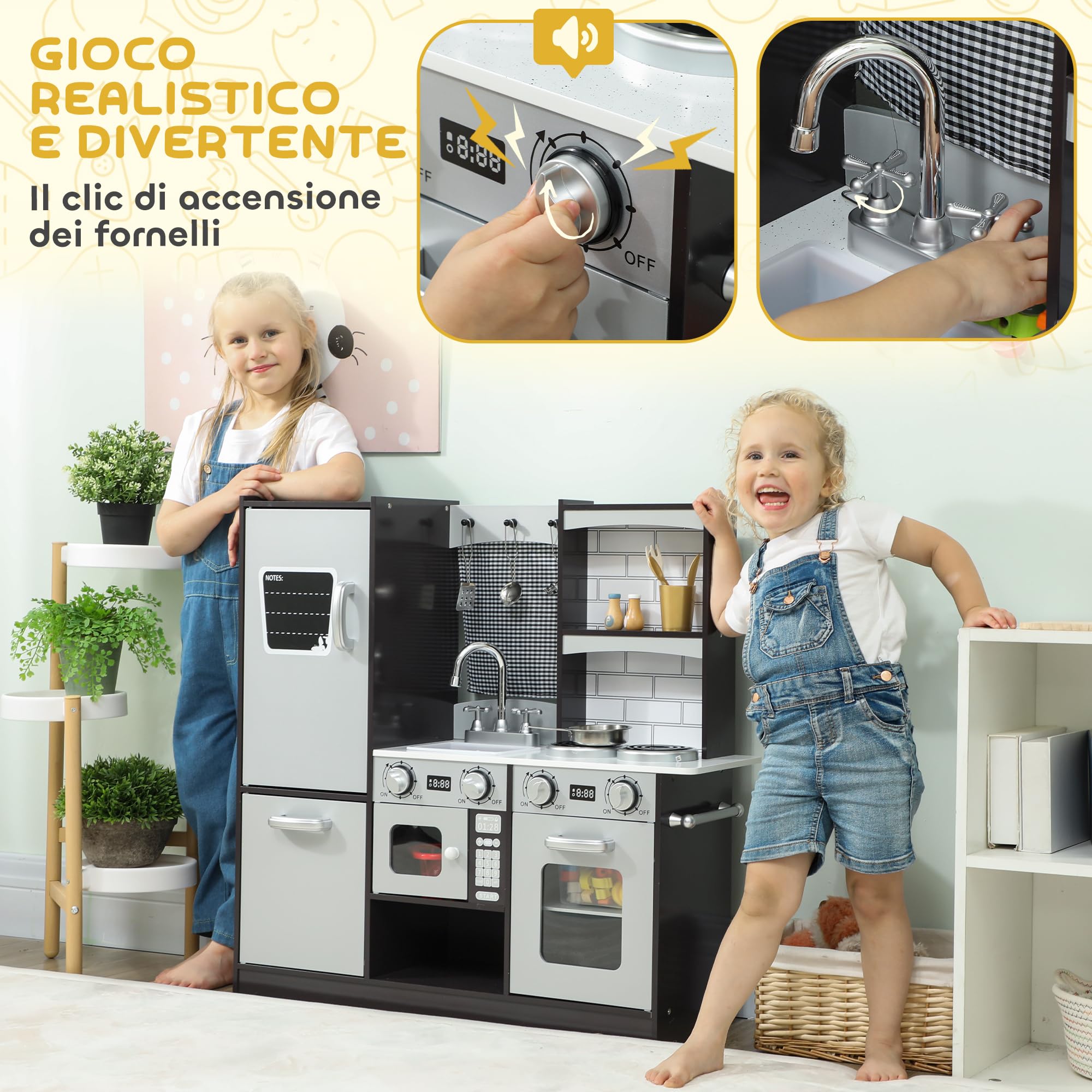 AIYAPLAY Cucina Giocattolo per Bambini, Cucina Legno per Bambini, Cucinetta Giocattoli con Fornelli, Microonde, Armadietti, Lavandino, Pentole, Accessori in Acciaio Inox, 3-8 Anni, 81x27x80cm, Marrone