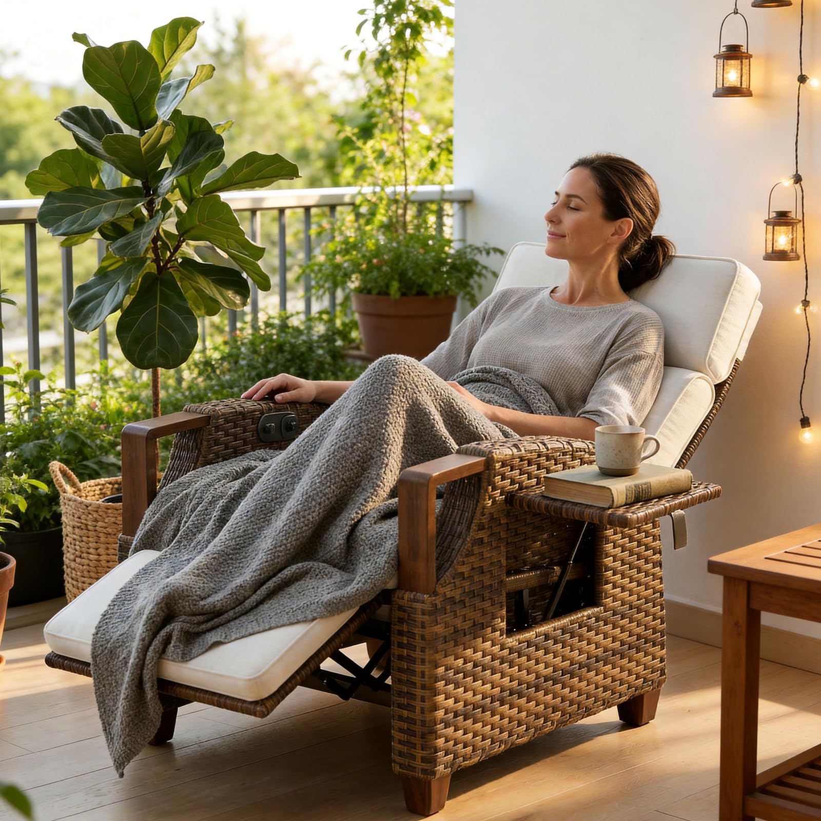 Grand patio Sedia a sdraio con cuscino, schienale regolabile, in rattan, per interni, uso esterno (vimini marrone chiaro, cuscino beige) (Regolazione indipendente, Stile Bohemien)