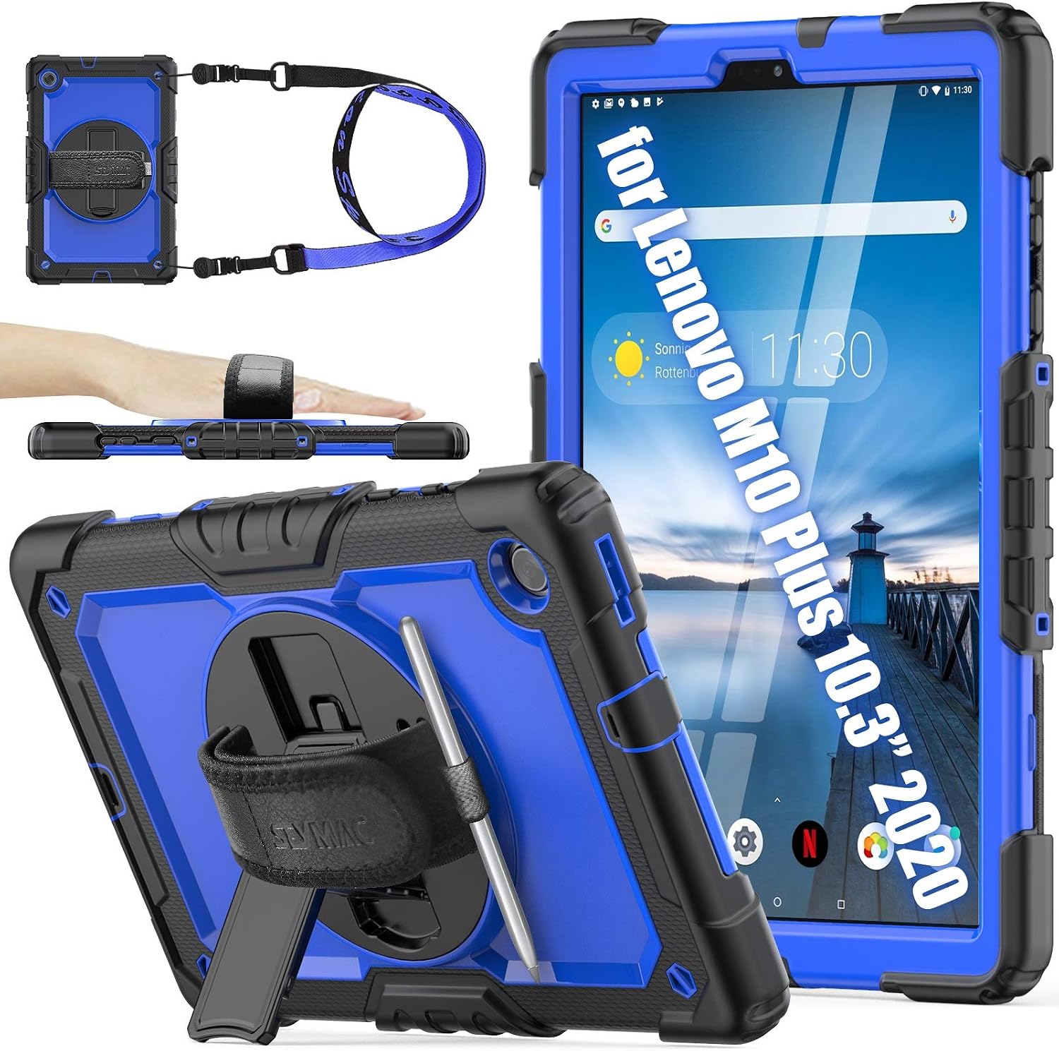 SEYMAC stock Lenovo Tab Case with Screen Protector, Drop-Proof Protection Case with 360° Rotating Stand &Strap [Pen Holder] for Lenovo Tab M10 Plus (TB-X606F) 10.3", Blue+Black