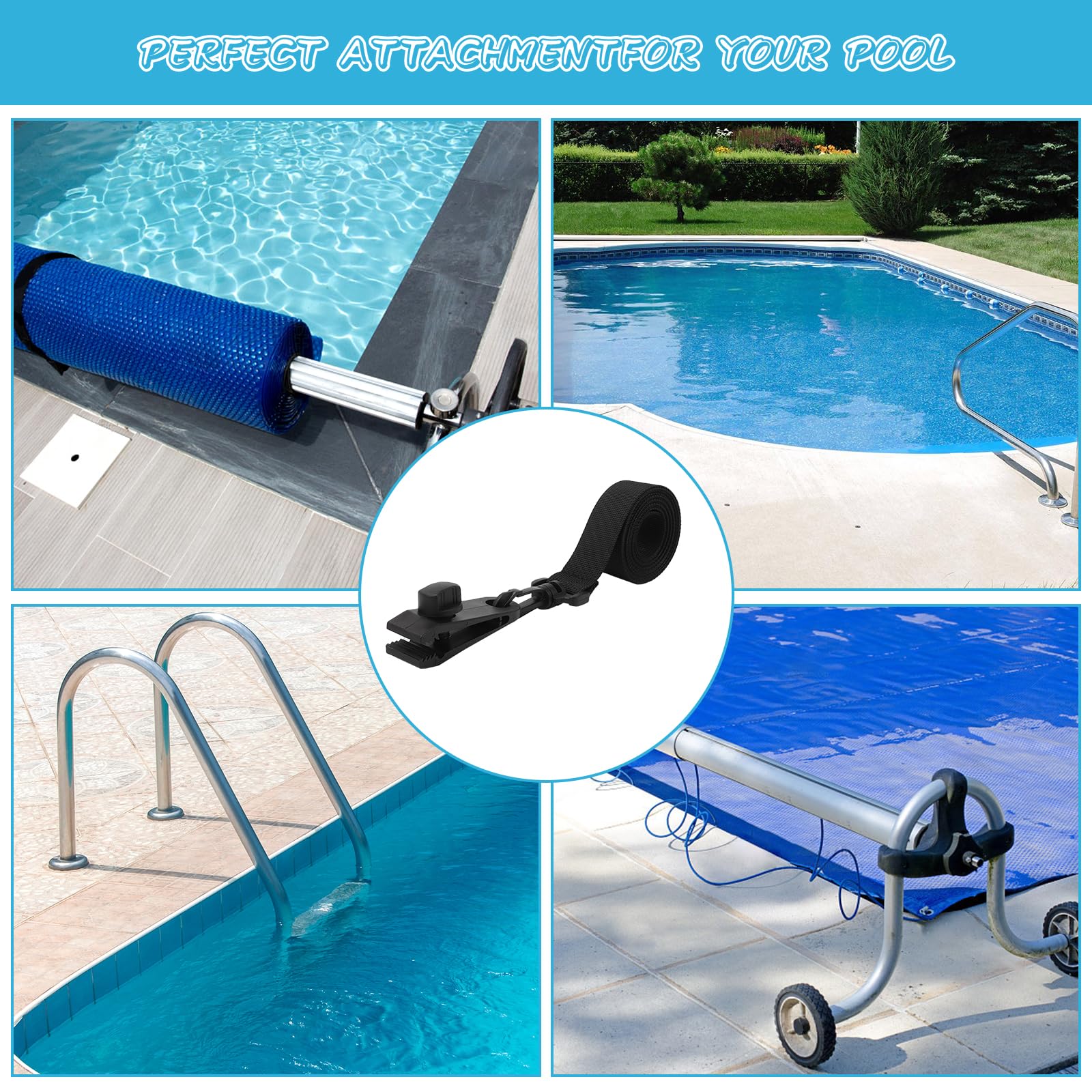 Enrollador Solar para Piscina, Sistema de Enrollado para Láminas de Piscina, Kit de Fijación para Ruedas de Cubierta Solar de Piscina, Rodillo de Piscina para Cubierta Solar, 8 Bandas de Sujeción