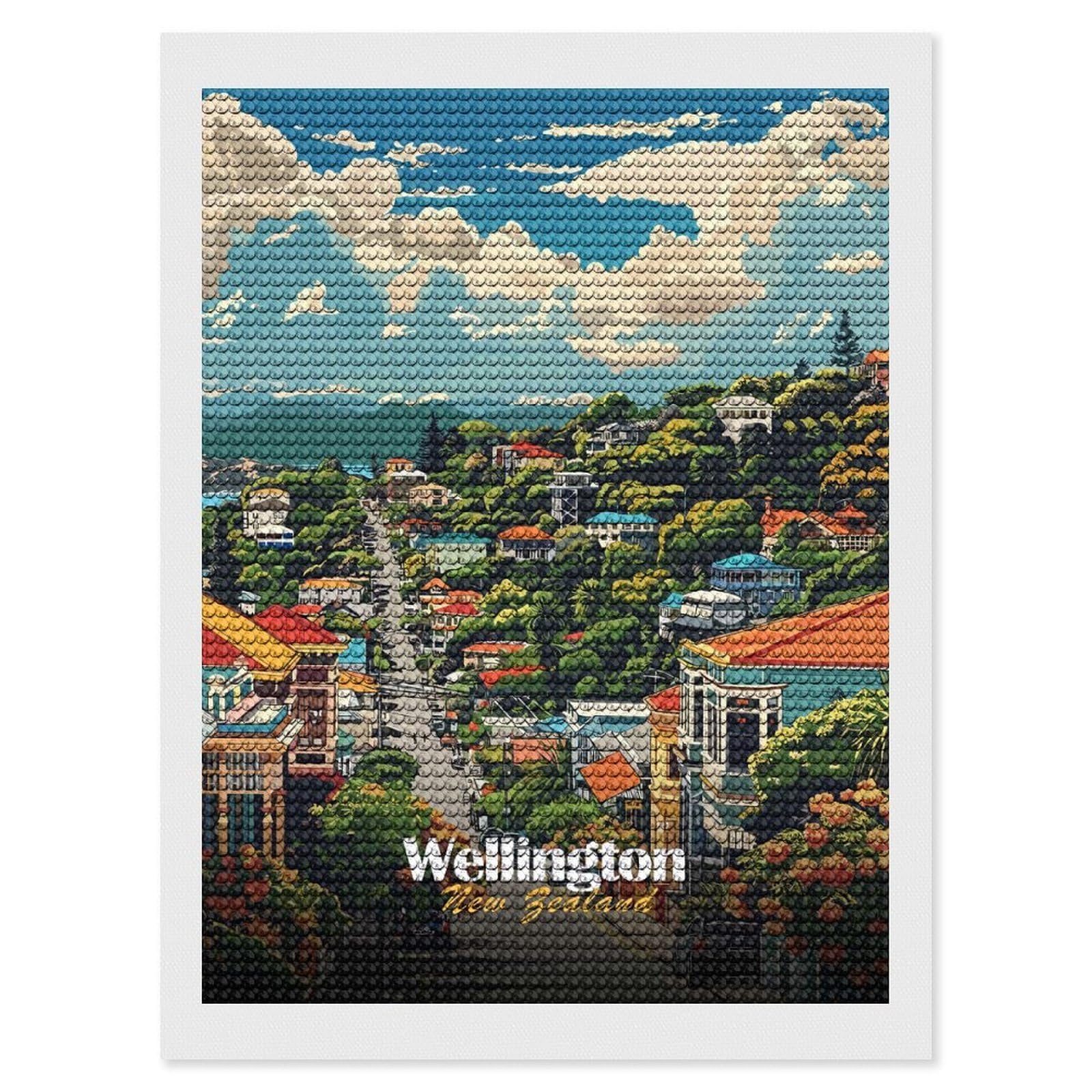 Junmoney Wellington, New Zealand Cityscape Diamond Art Canvas 12"x16", for Creative Relaxation, Simple to Start, Aesthetic Room Decor, Holiday Gift Idea