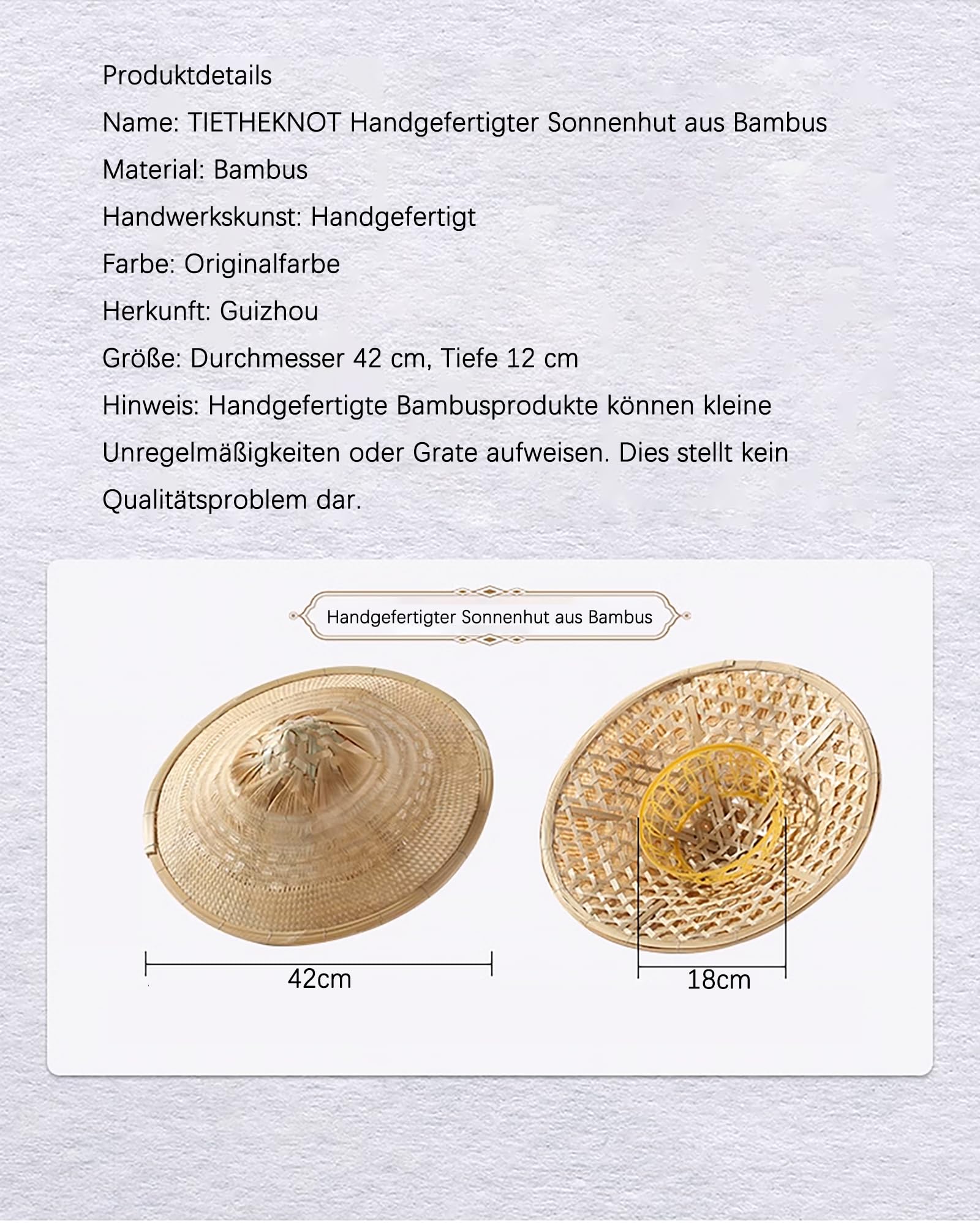 TIETHEKNOT Sombrero de paja de bambú hecho a mano (diámetro 42 cm, profundidad 12 cm), amarillo claro, 59