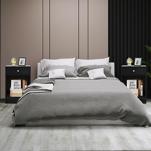 Miniatura 5 de Juego de 2 mesitas de noche pequeñas, color negro, mesa auxiliar con cajones, estilo moderno, 16 pulgadas