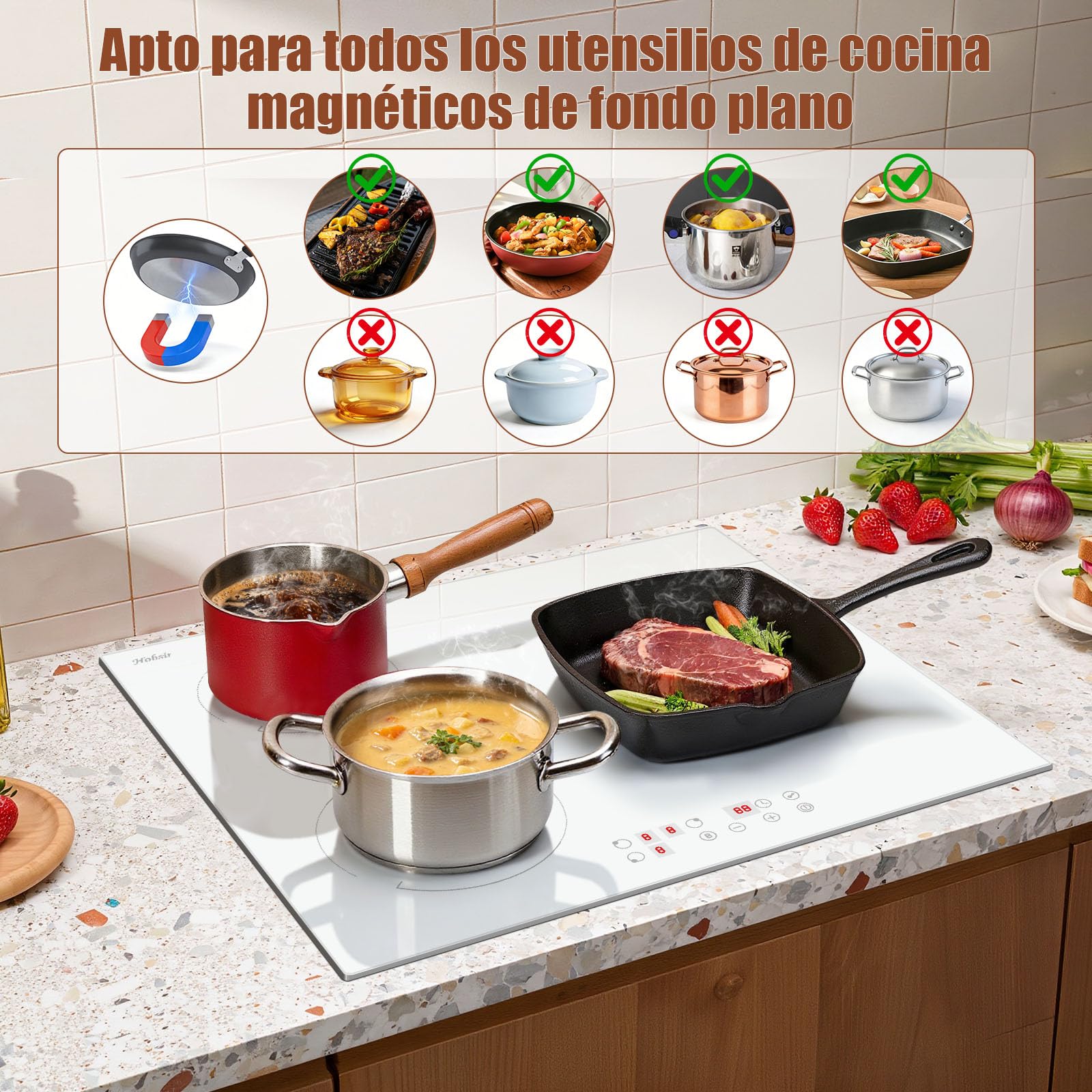 Hobsir Placa induccion 3 Fuegos con Enchufe 60cm, Placa de Inducción Blanca | 3500W, Control Táctil, Función Boost, 9 Niveles de Potencia, Bloqueo Infantil, Temporizador, 220-240V