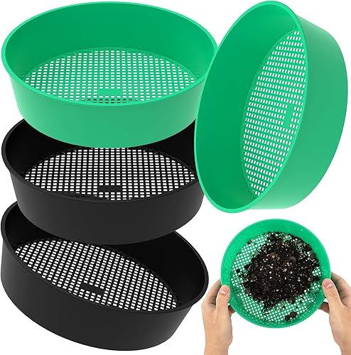 HOTBEST 4 piezas de tamiz de tierra de jardín, bandeja redonda de malla, fácil de usar, plástico, verde y gris, 7.2 x 8.1 pulgadas