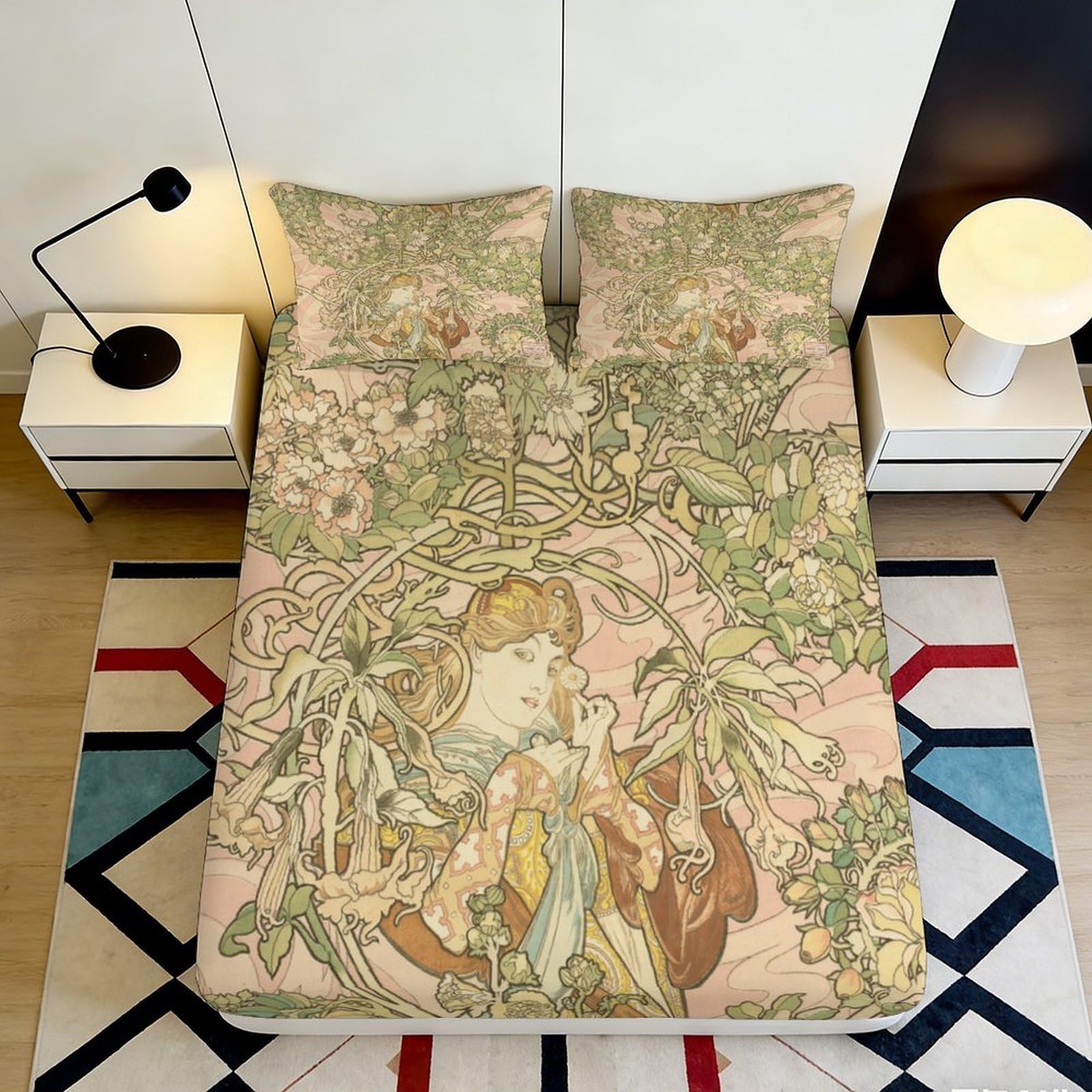 3D Printed Art Nouveau Botanical Fitted Sheet Microfiber Soft Mattress Cover Bedroom Decor Dustproof Washable 90x200x25cm