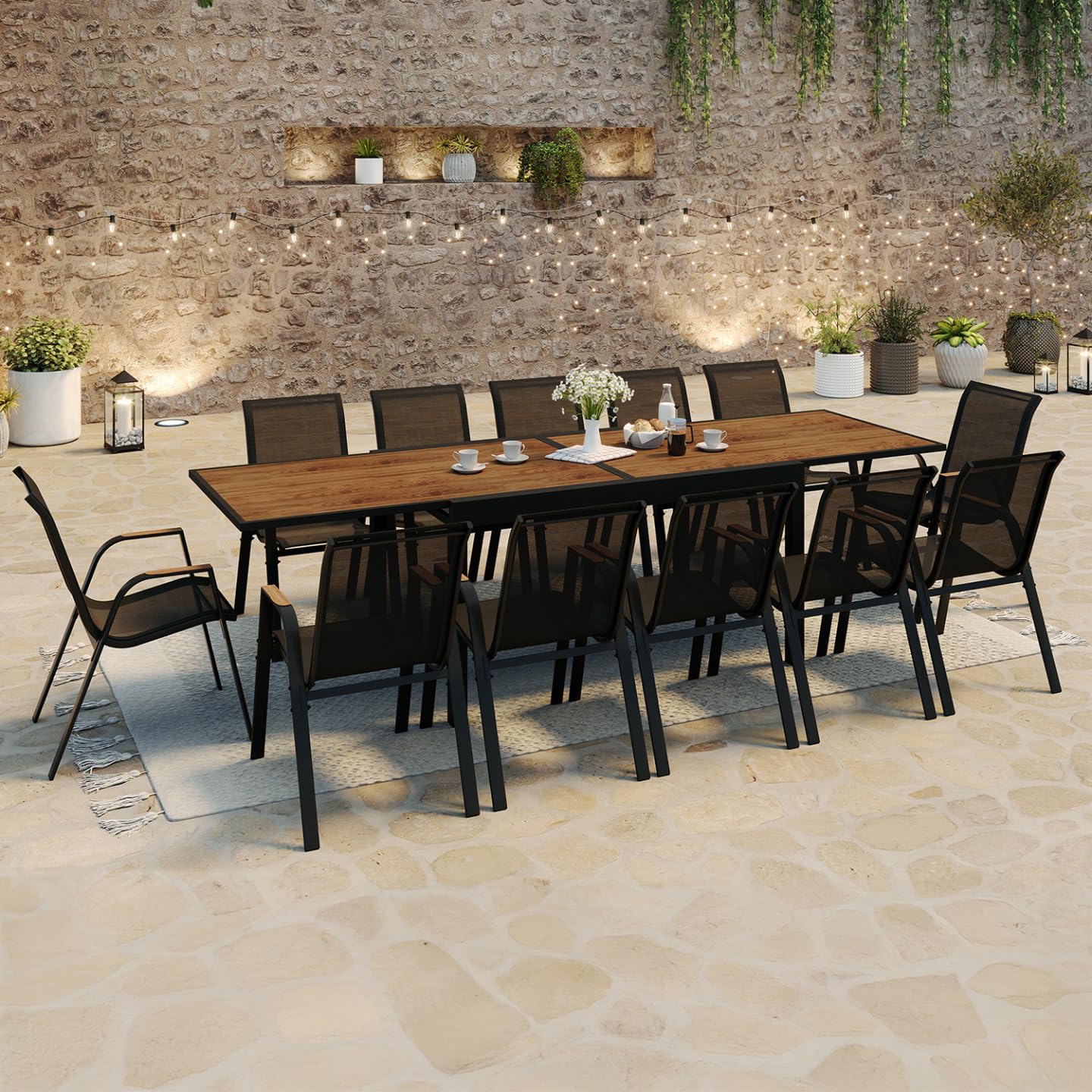 IDMarket - Salón de jardín NOUMEA Mesa extensible 135/270 cm, bandeja efecto madera y 12 sillas apilables negro y madera