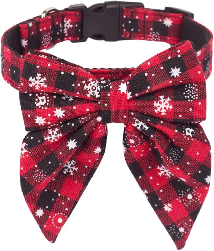 Coleira para Cães ADOGGYGO com Gravata-Borboleta Xadrez Vermelha e Flocos de Neve, XS