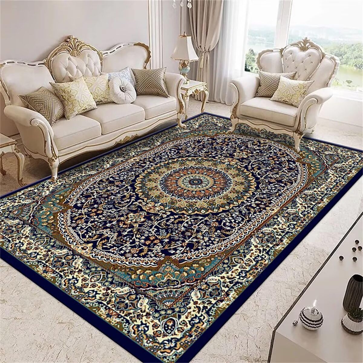 Tapis de jeux enfant bleu pour un salon doux et fleuri