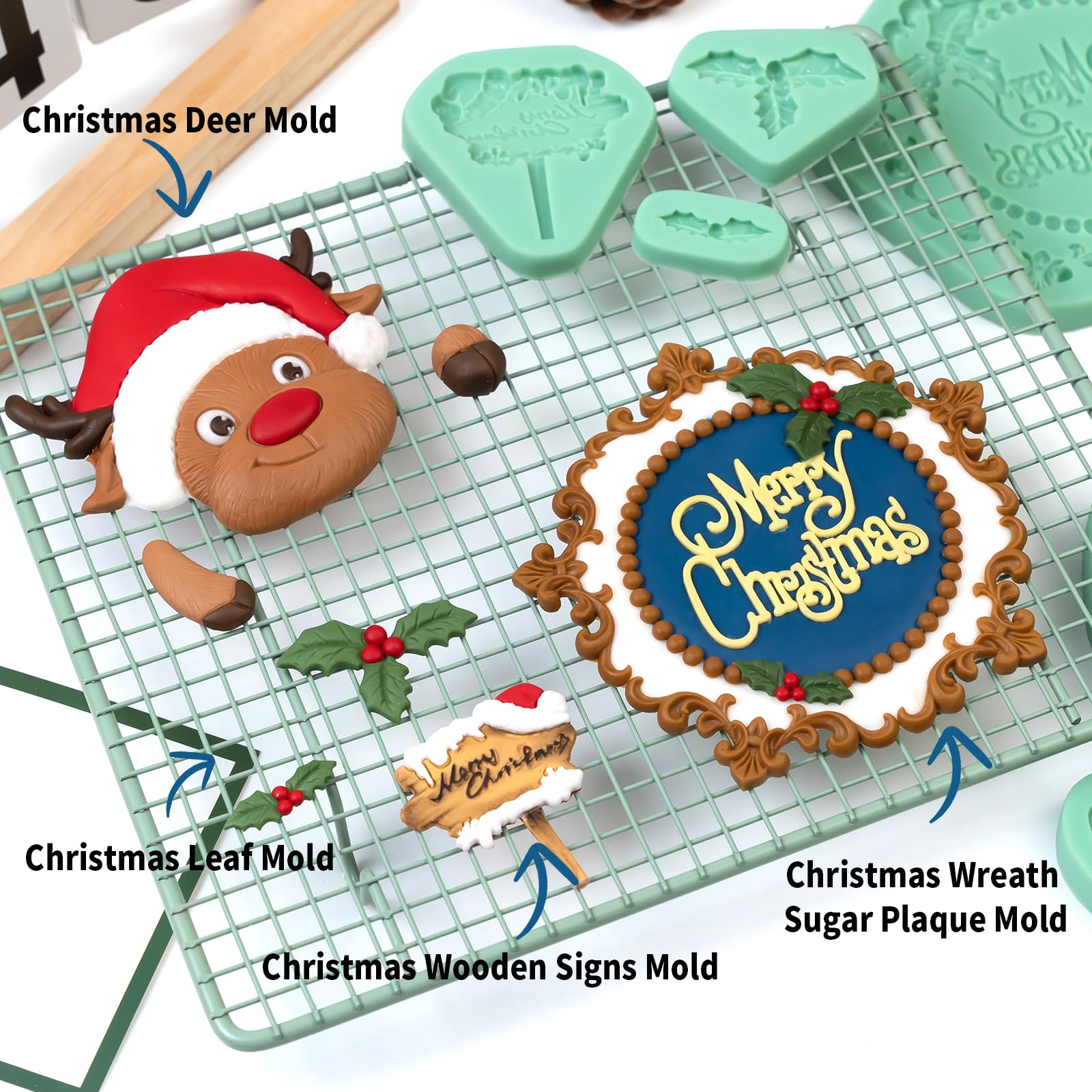 KALAIEN Juego de moldes de fondant de Navidad, reno de Navidad, molde de caramelo de chocolate, hojas de acebo, molde de azúcar para hornear decoraciones de pasteles, 7 juegos