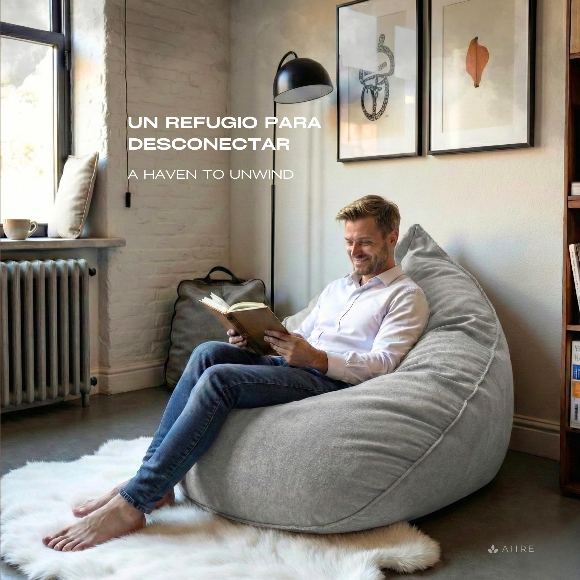 Aiire Puff Salón XXL de Diseño - Sillón Puff con Relleno Incluido - Sofá Puf Gigante de Interior en Algodón Premium - Bean Bag Chair Moderno para Adultos y Habitación Juvenil Gris [100x100x90]