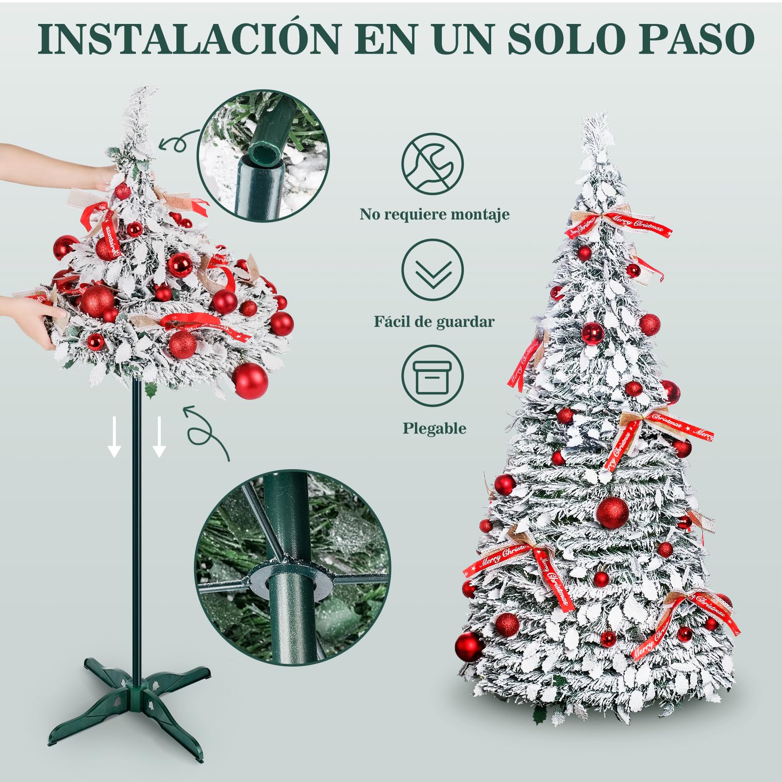 210cm Árbol de Navidad Plegable, árbol de Navidad Artificial en Blanco nevado con Adornos navideños y Lazos, Montaje fácil, decoración para Fiestas navideñas