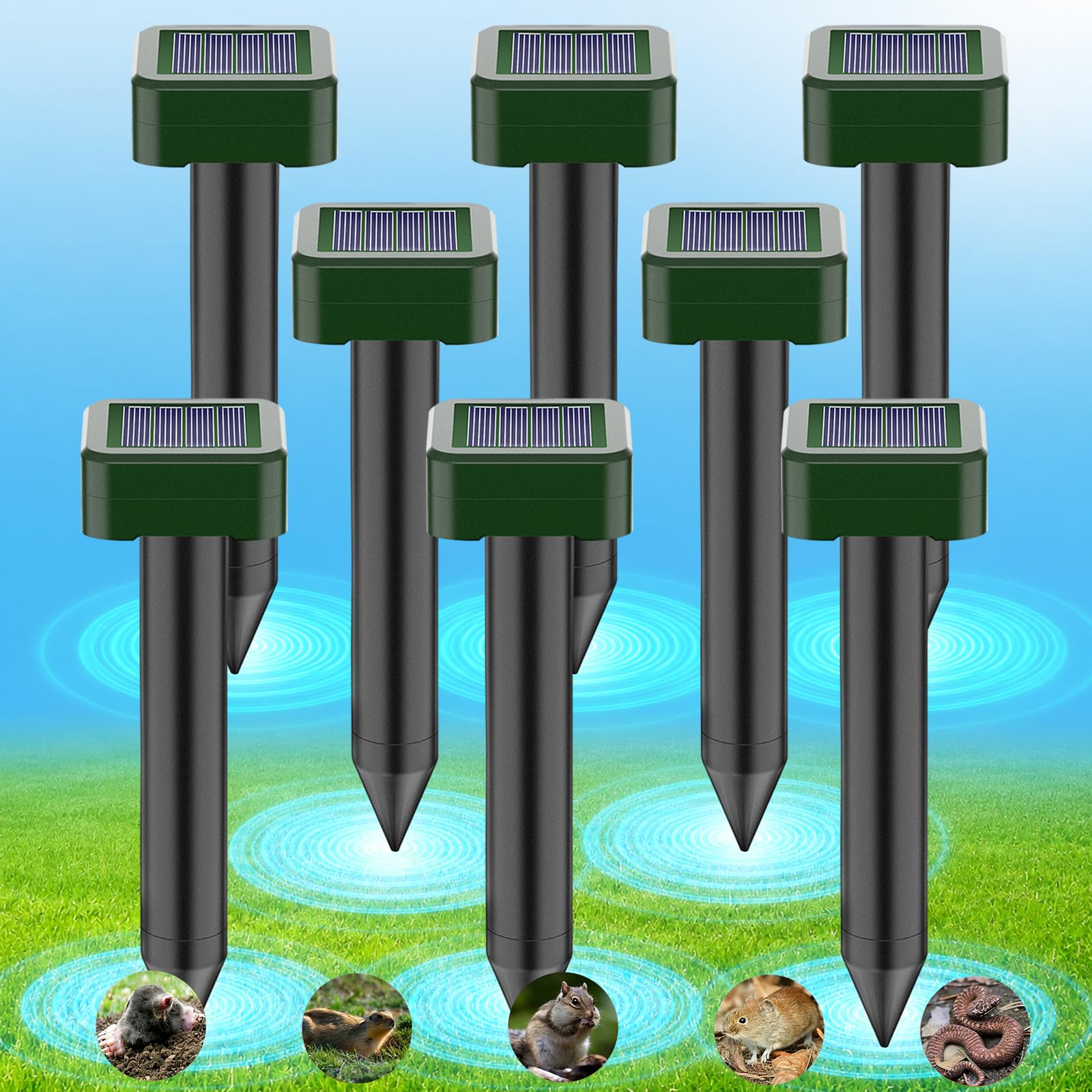 Ahuyentador de Topos Solar 8 Piezas, Ahuyentador de Roedores Solar Ultrasónico Impermeable y Resistente a la Corrosión para Ahuyentar Campañoles, Topos, Serpientes y Lagartos
