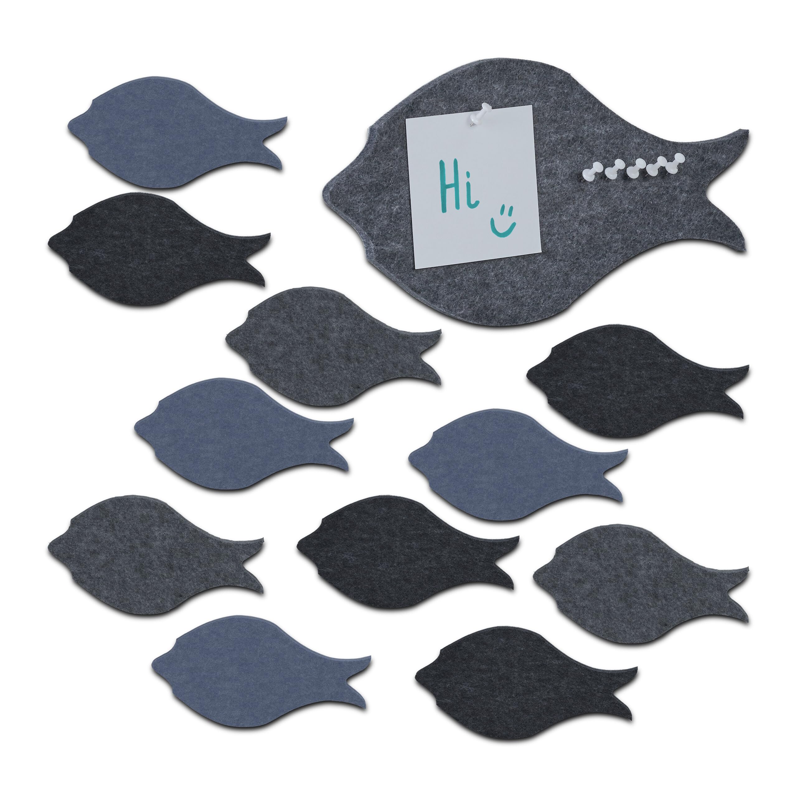 Relaxdays Bacheca da Parete, Set 12 Pannelli in Feltro a Forma di Pesce, Puntine incl., HLP: 16 x 30 x 0,9 cm, Colorato