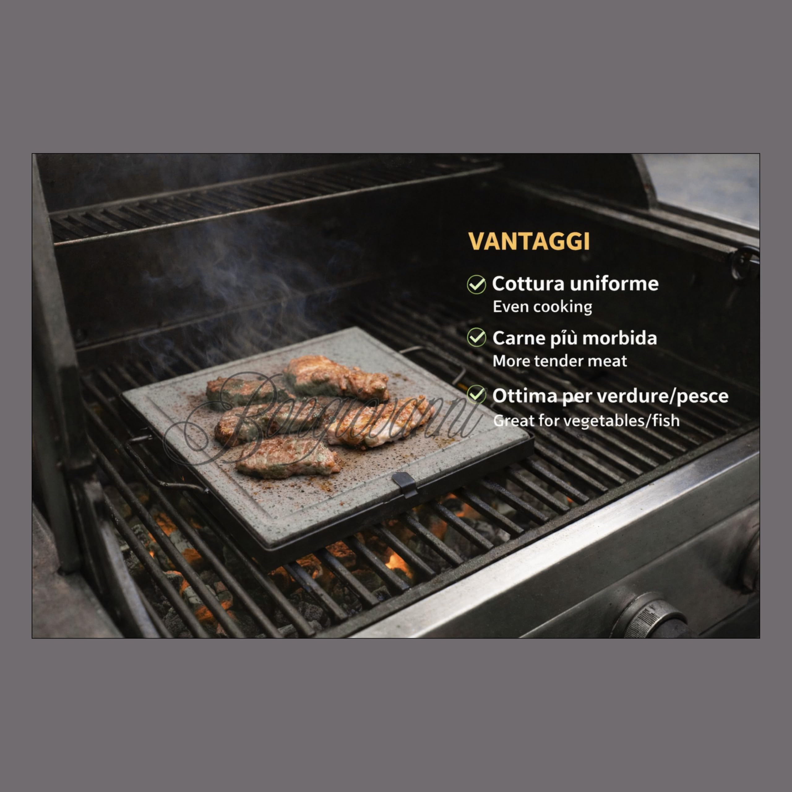Fonderia Bongiovanni | Piastra in Pietra Lavica | Pietra per Cucinare | 40x30 cm | Telaio Manici | pietra per barbecue | pietra lavica per carne | bistecchiera in pietra lavica | Rettangolare